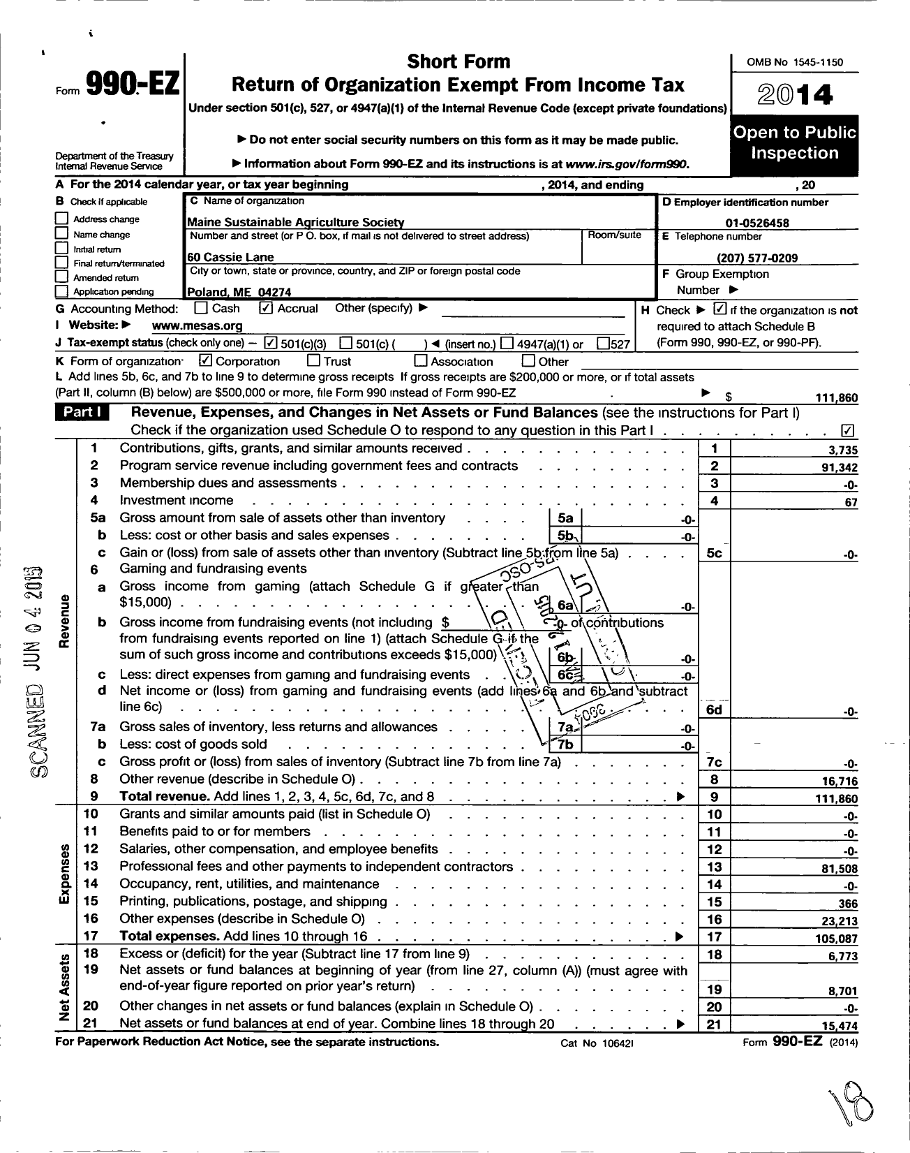 Image of first page of 2014 Form 990EZ for Maine Sustainable Agriculture Society