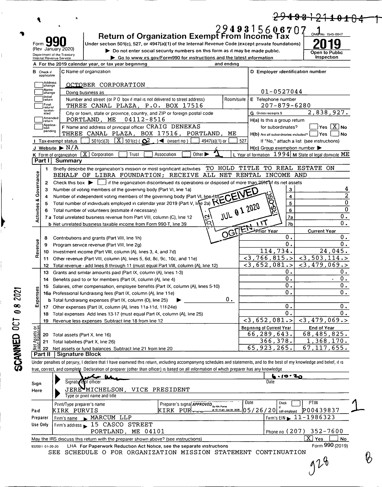 Image of first page of 2019 Form 990O for October Corporation