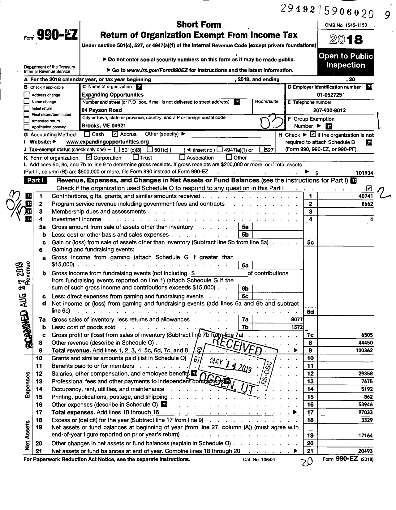 Image of first page of 2018 Form 990EZ for Expanding Opportunities