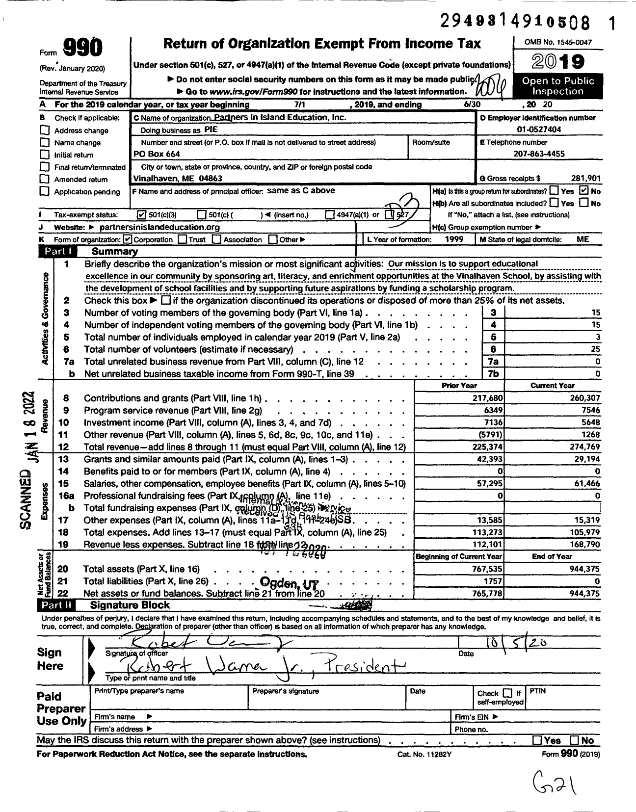 Image of first page of 2019 Form 990 for Partners In Island Education