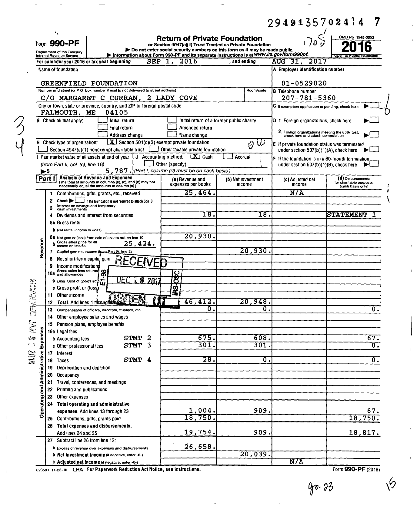 Image of first page of 2016 Form 990PF for Greenfield Foundation