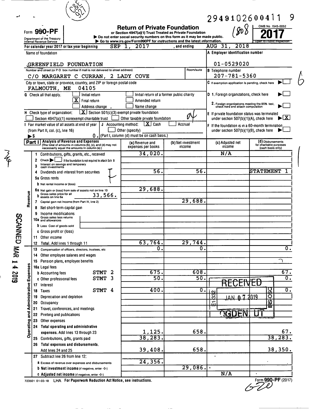 Image of first page of 2017 Form 990PF for Greenfield Foundation