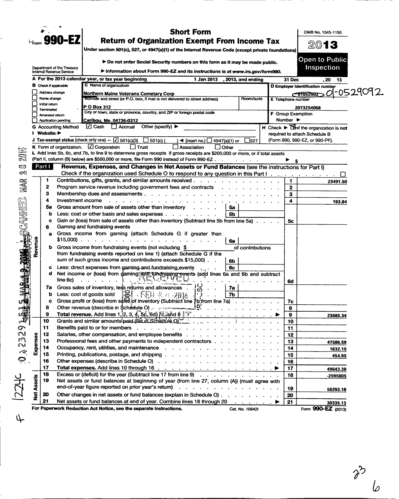 Image of first page of 2013 Form 990EZ for Northern Maine Veterans Cemetary Corporation