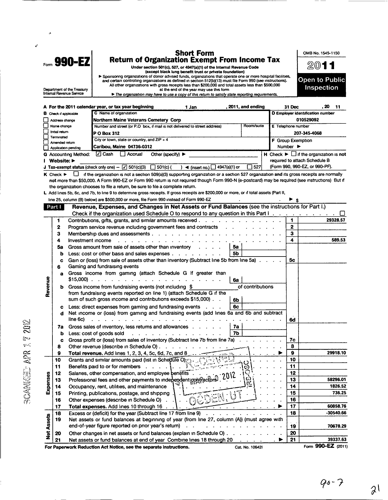 Image of first page of 2011 Form 990EZ for Northern Maine Veterans Cemetary Corporation