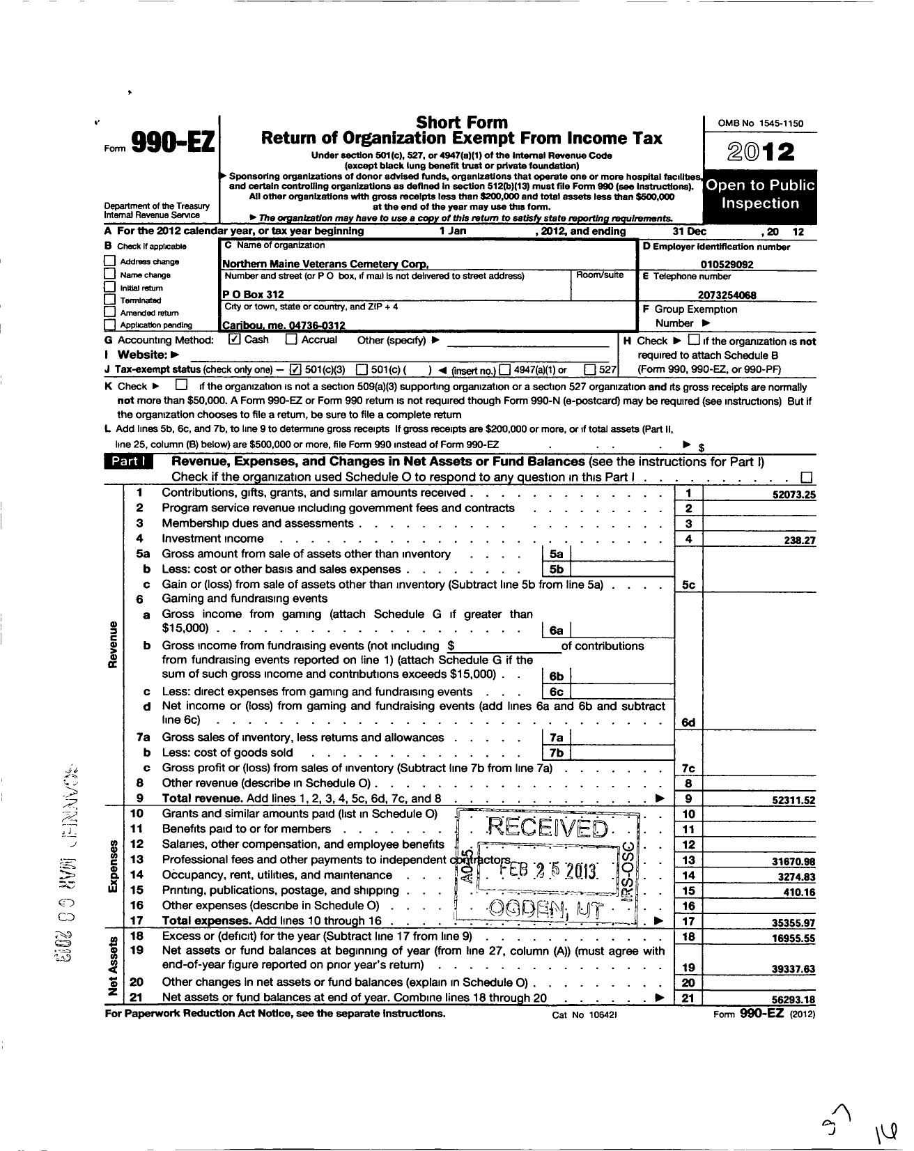 Image of first page of 2012 Form 990EZ for Northern Maine Veterans Cemetary Corporation