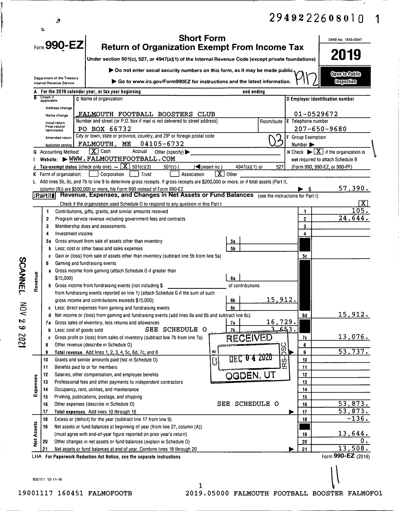 Image of first page of 2019 Form 990EZ for Falmouth Football Boosters Club