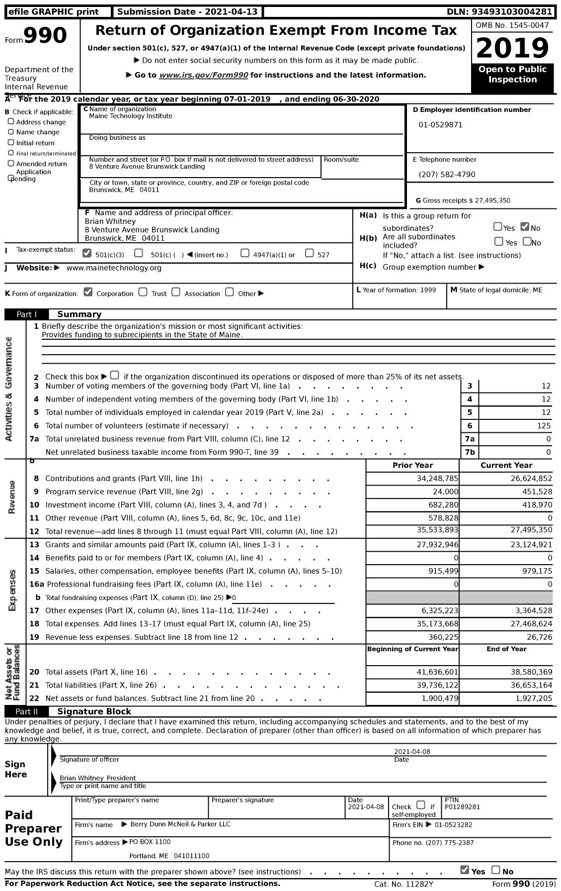 Image of first page of 2019 Form 990 for Maine Technology Institute (MTI)