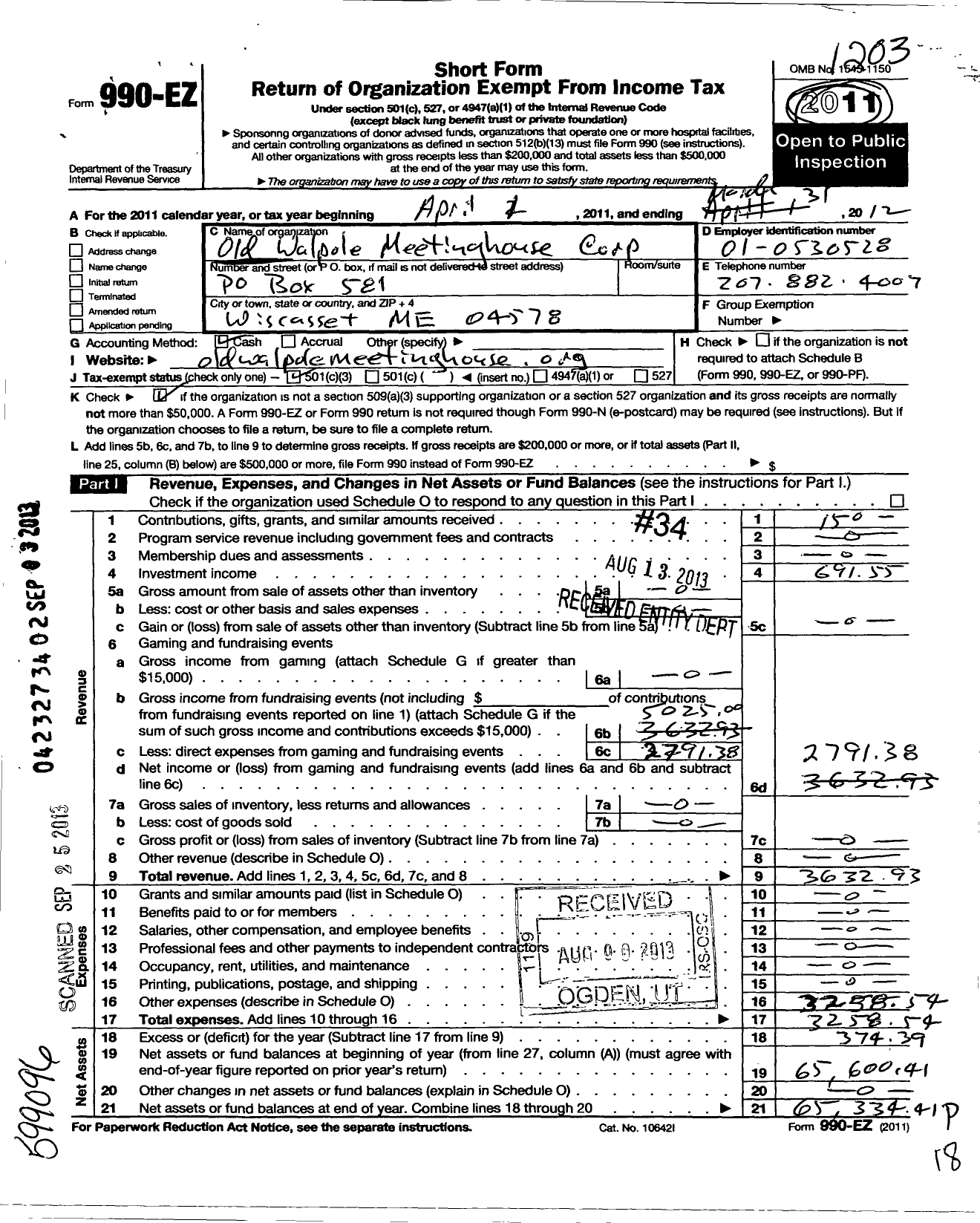 Image of first page of 2011 Form 990EZ for Old Walpole Meeting House