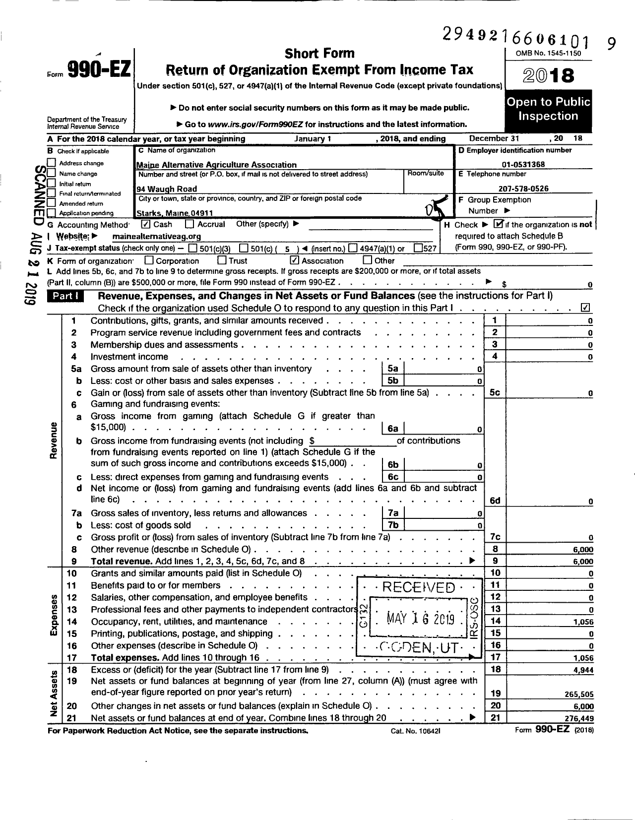 Image of first page of 2018 Form 990EO for Maine Alternative Agriculture Association