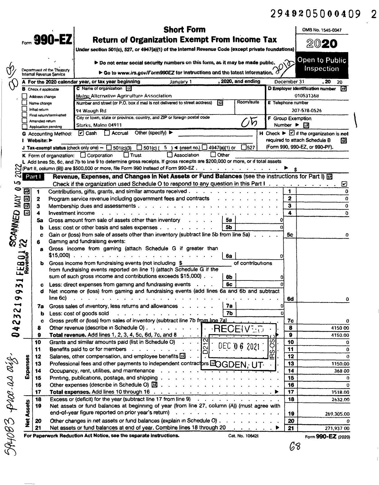 Image of first page of 2020 Form 990EO for Maine Alternative Agriculture Association