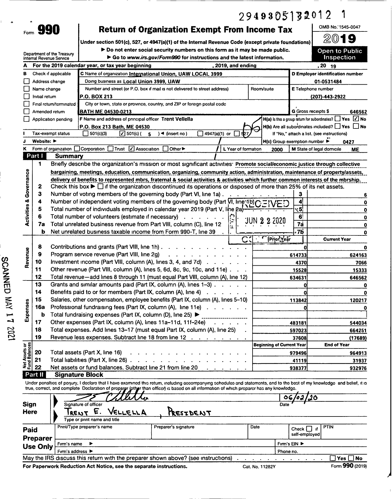 Image of first page of 2019 Form 990O for UAW - Local Union 3999 UAW