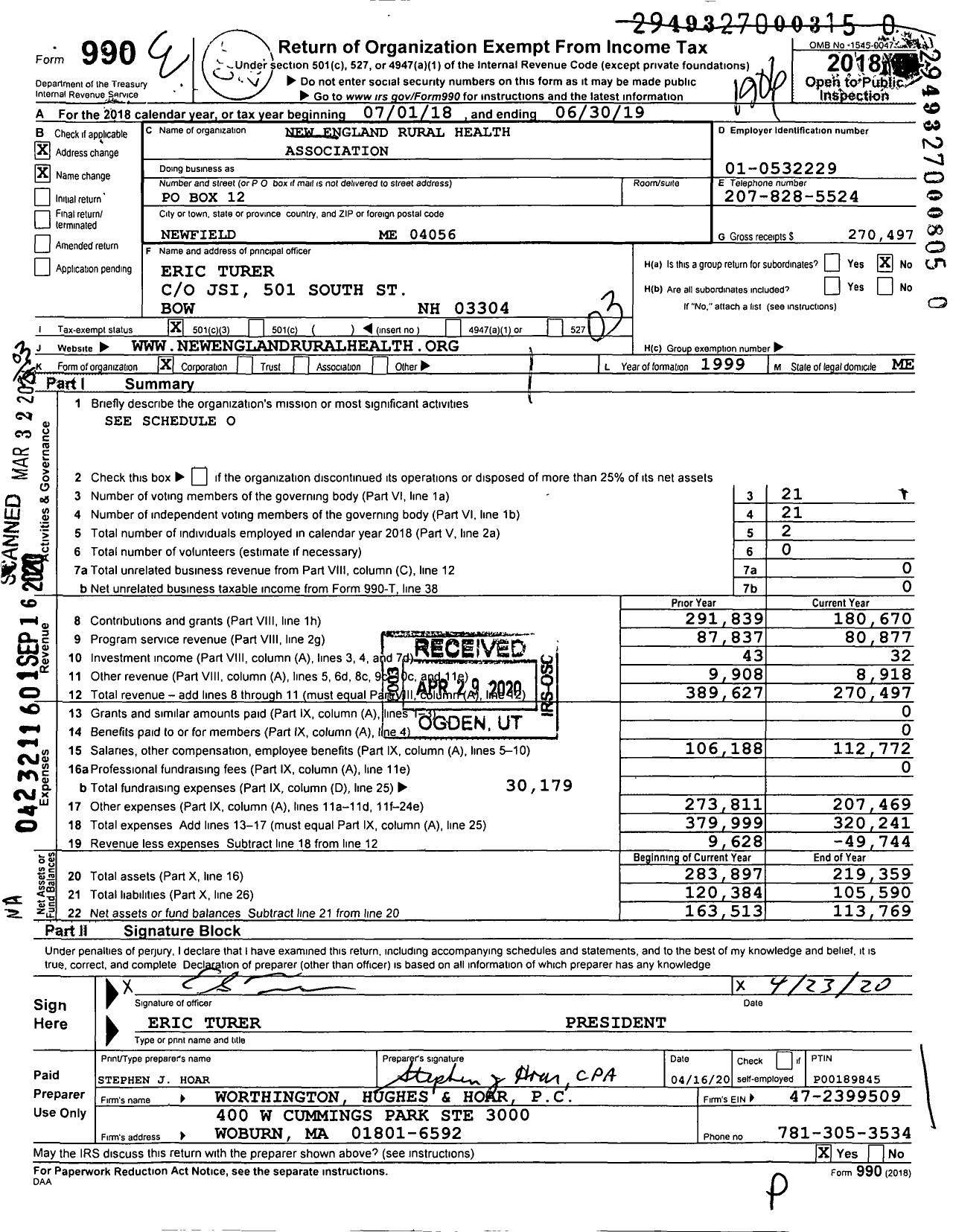 Image of first page of 2018 Form 990 for New England Rural Health Association