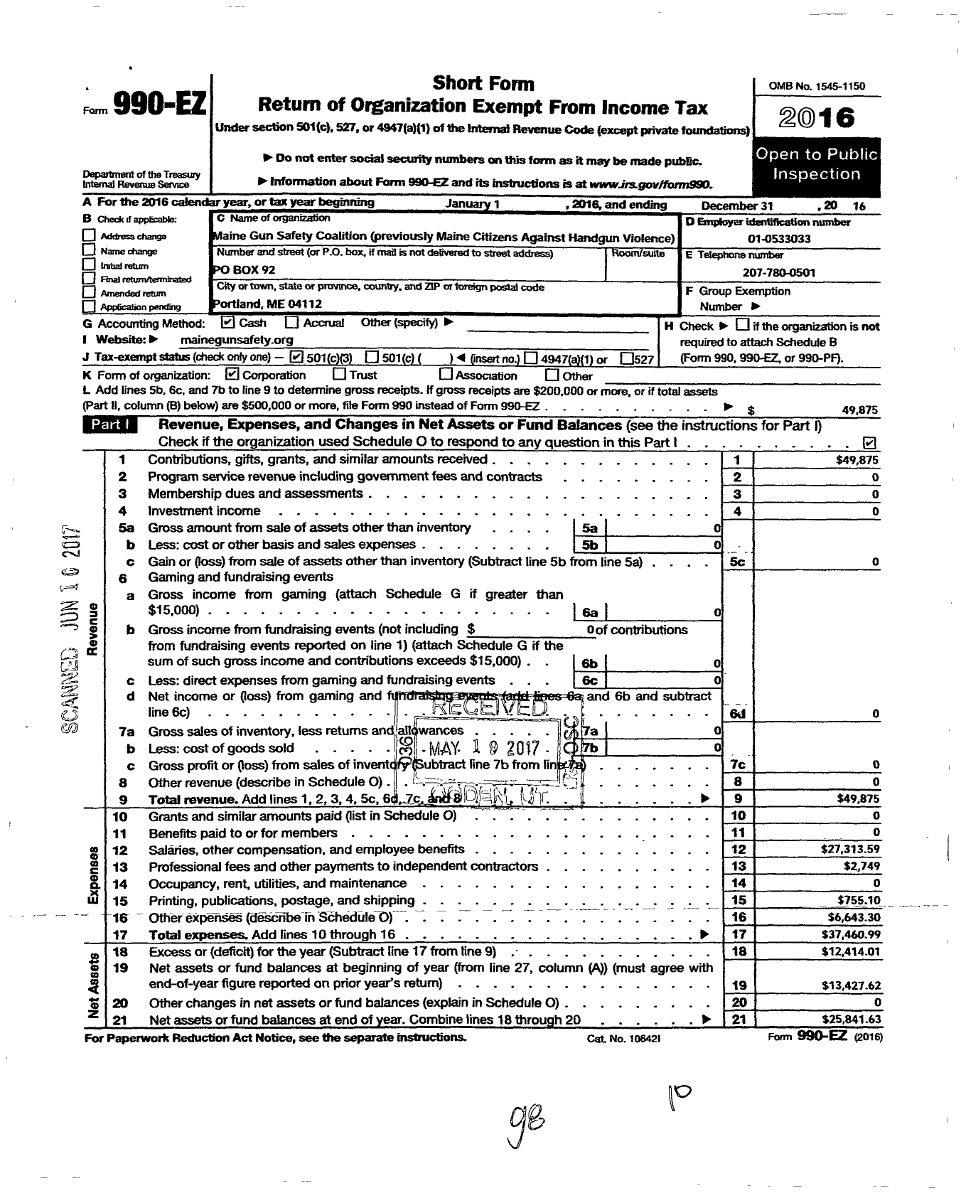 Image of first page of 2016 Form 990EZ for Maine Citizens Against Handgun Violence Foundation