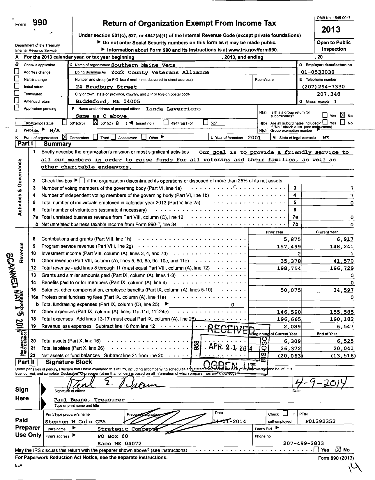 Image of first page of 2013 Form 990O for Southern Maine Vets York County Veterans Alliance