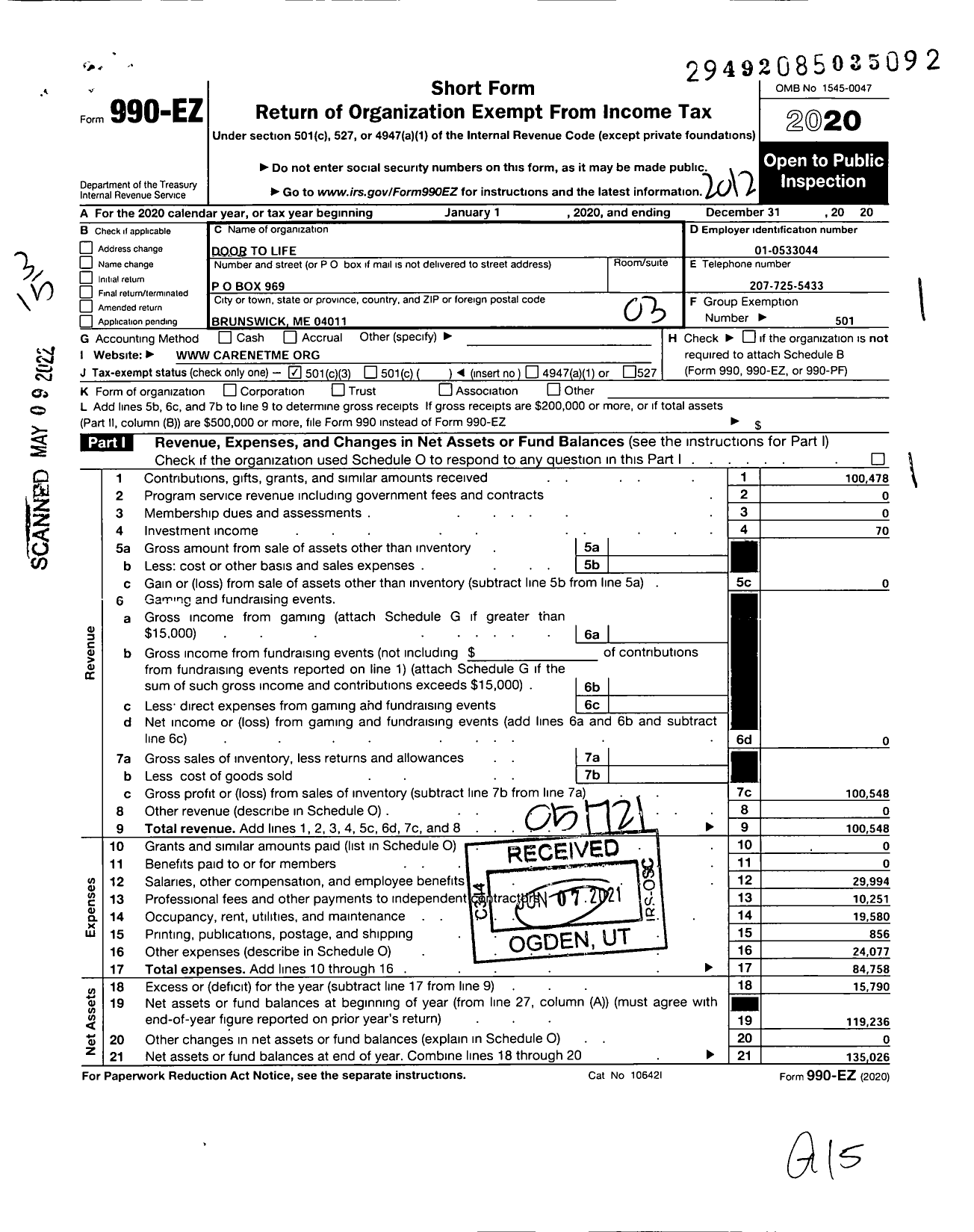 Image of first page of 2020 Form 990EZ for Door To Life