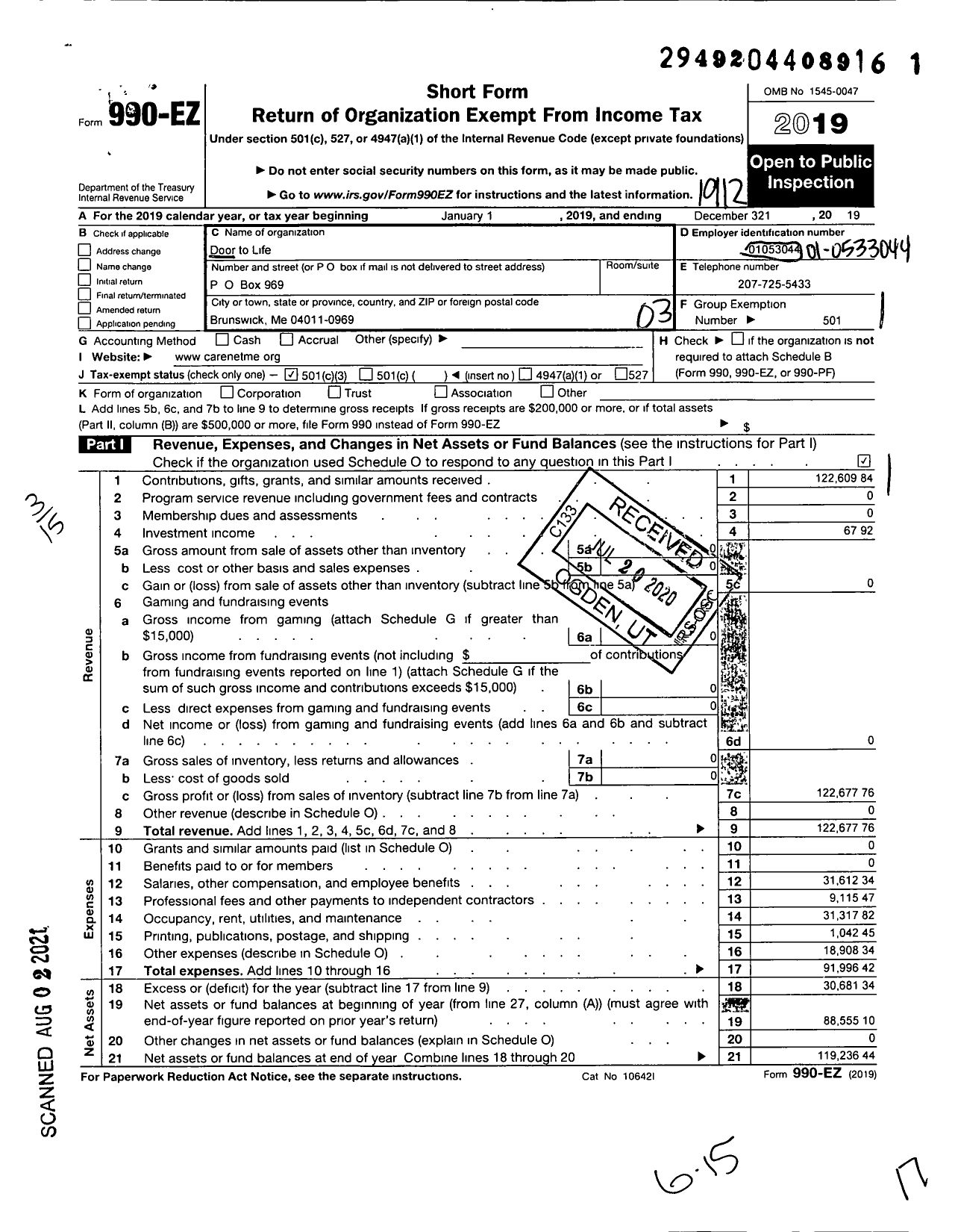 Image of first page of 2019 Form 990EZ for Door To Life