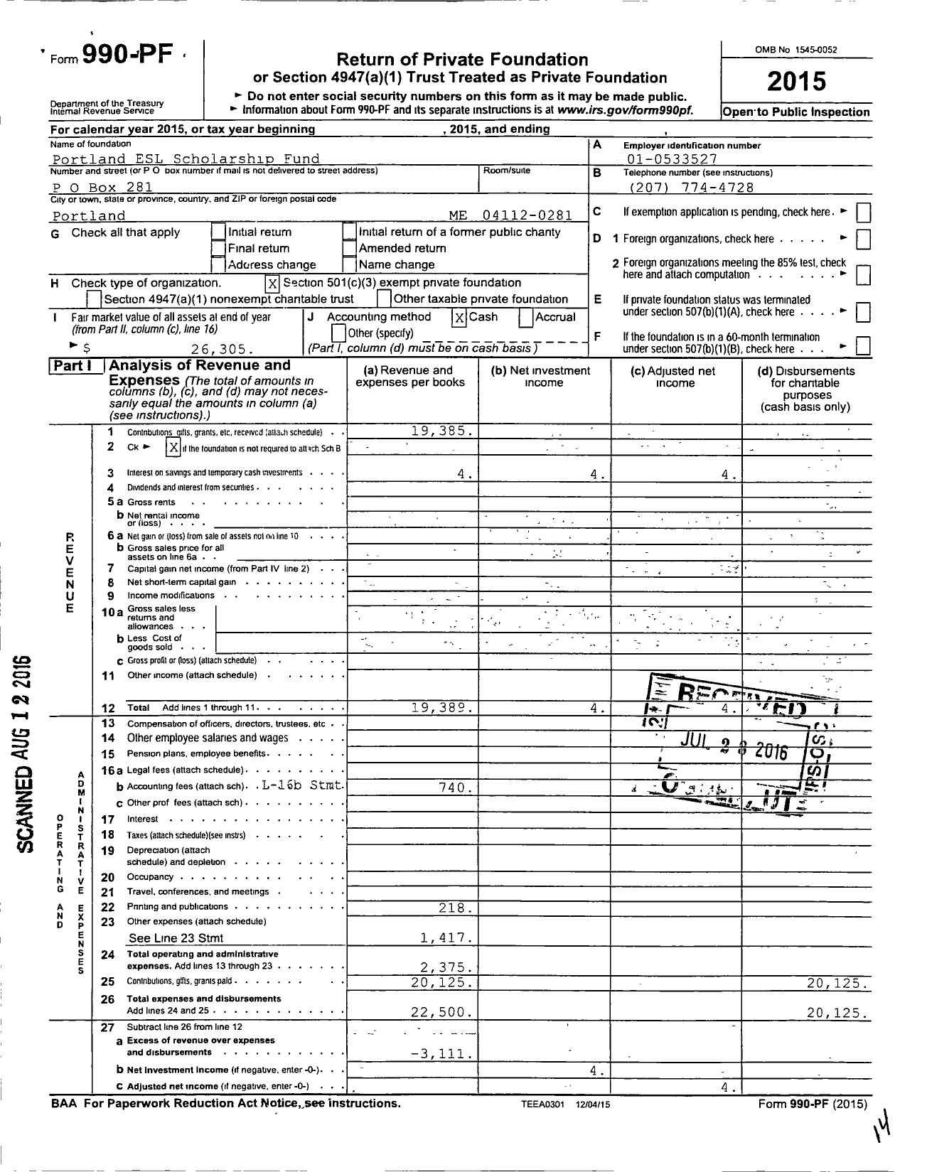 Image of first page of 2015 Form 990PF for Scholarships for Maine Immigrants