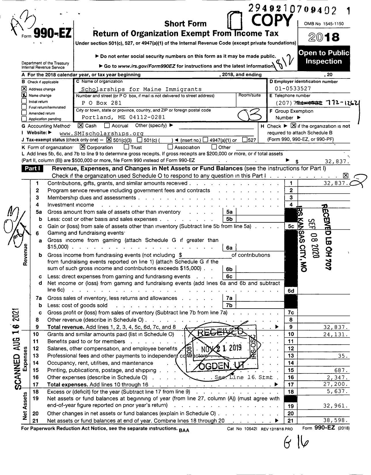 Image of first page of 2018 Form 990EZ for Scholarships for Maine Immigrants