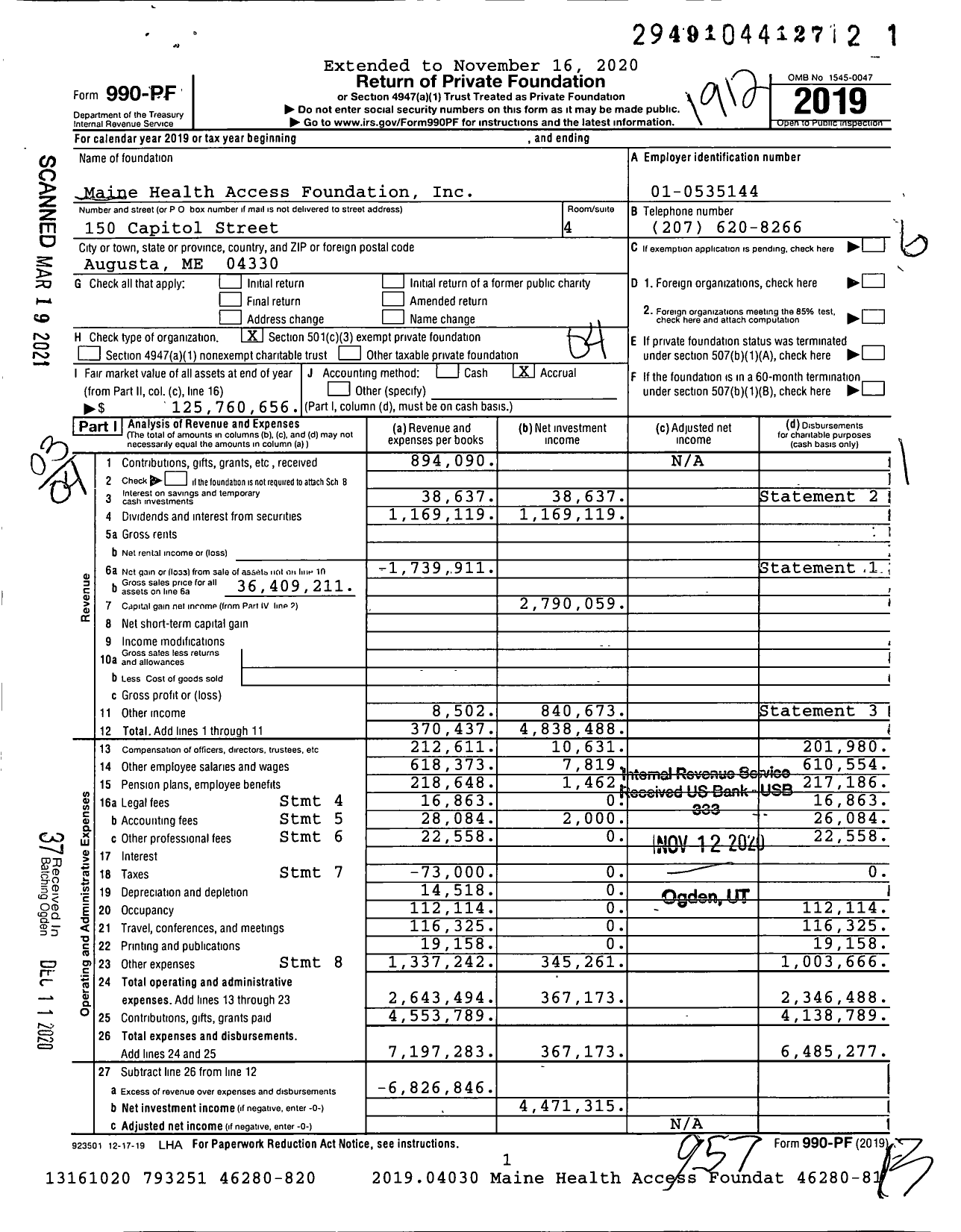 Image of first page of 2019 Form 990PF for Maine Health Access Foundation (MeHAF)