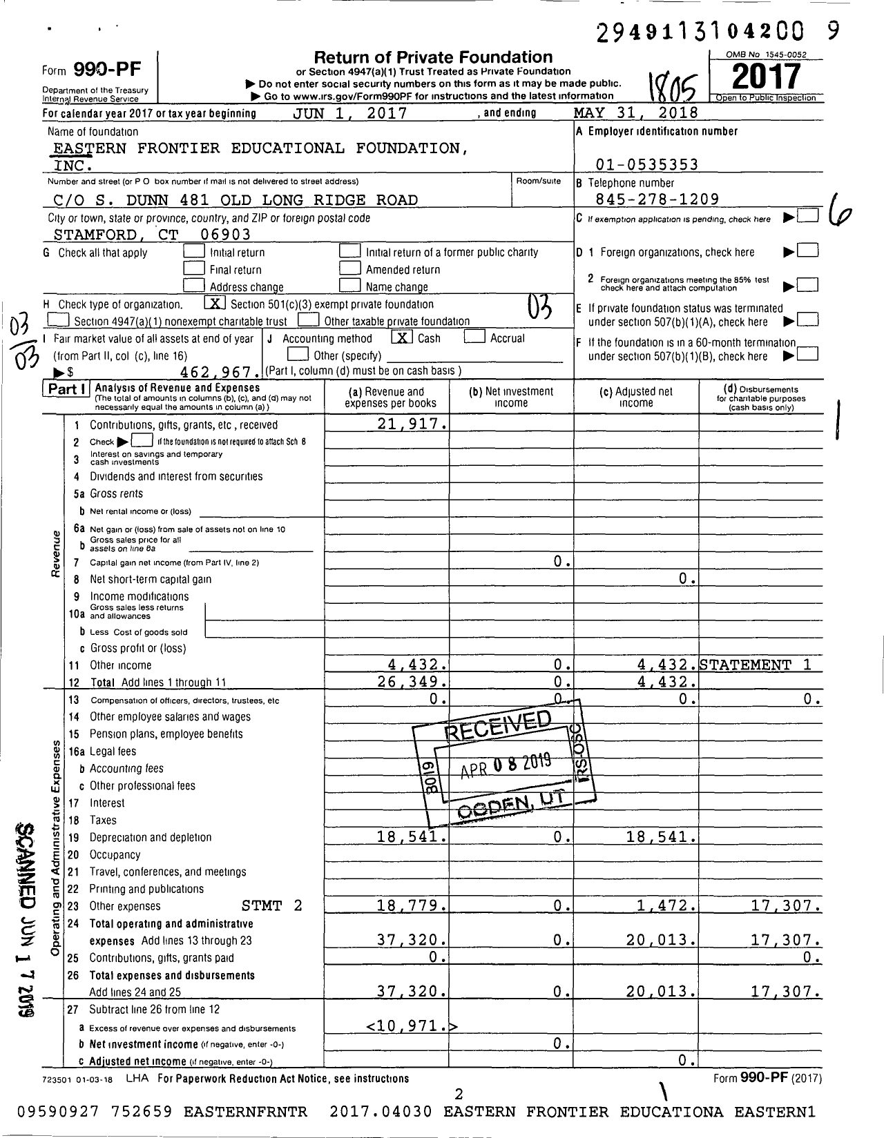 Image of first page of 2017 Form 990PF for Eastern Frontier Educational Foundation