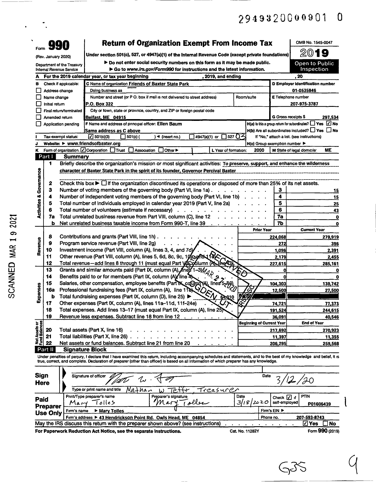 Image of first page of 2019 Form 990 for Friends of Baxter State Park