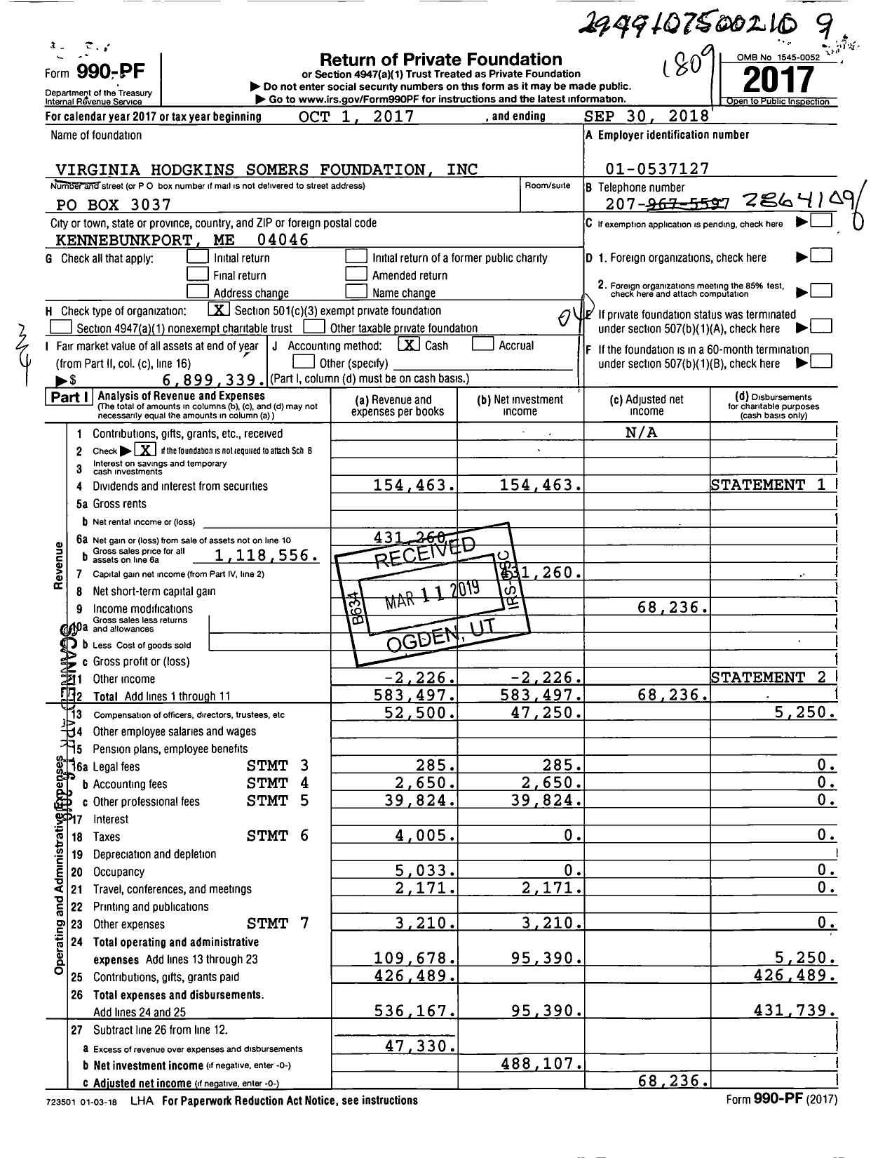 Image of first page of 2017 Form 990PF for Virginia Hodgkins Somers Foundation