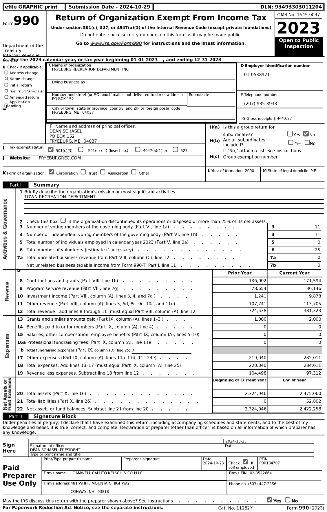 Image of first page of 2023 Form 990 for Fryeburg Recreation Department