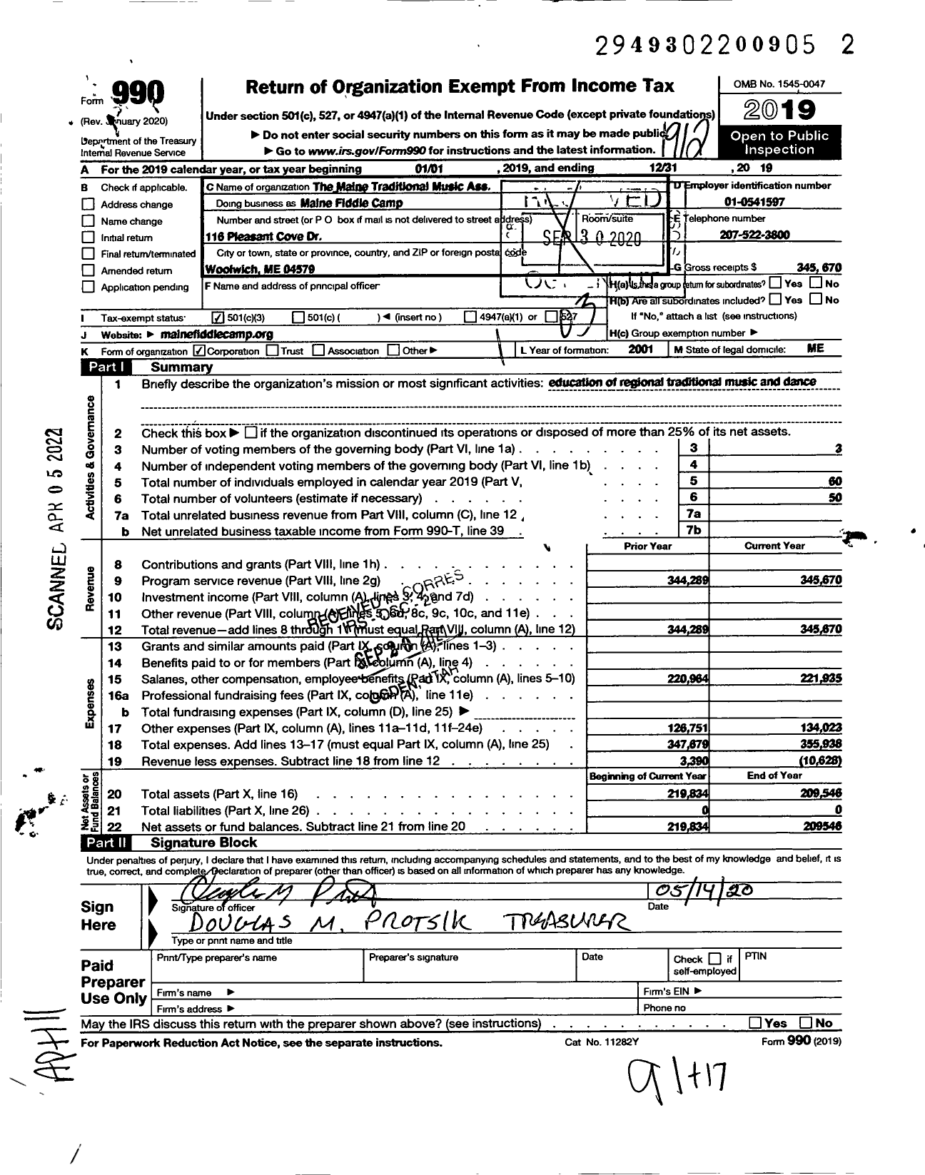 Image of first page of 2019 Form 990 for Maine fiddle camp