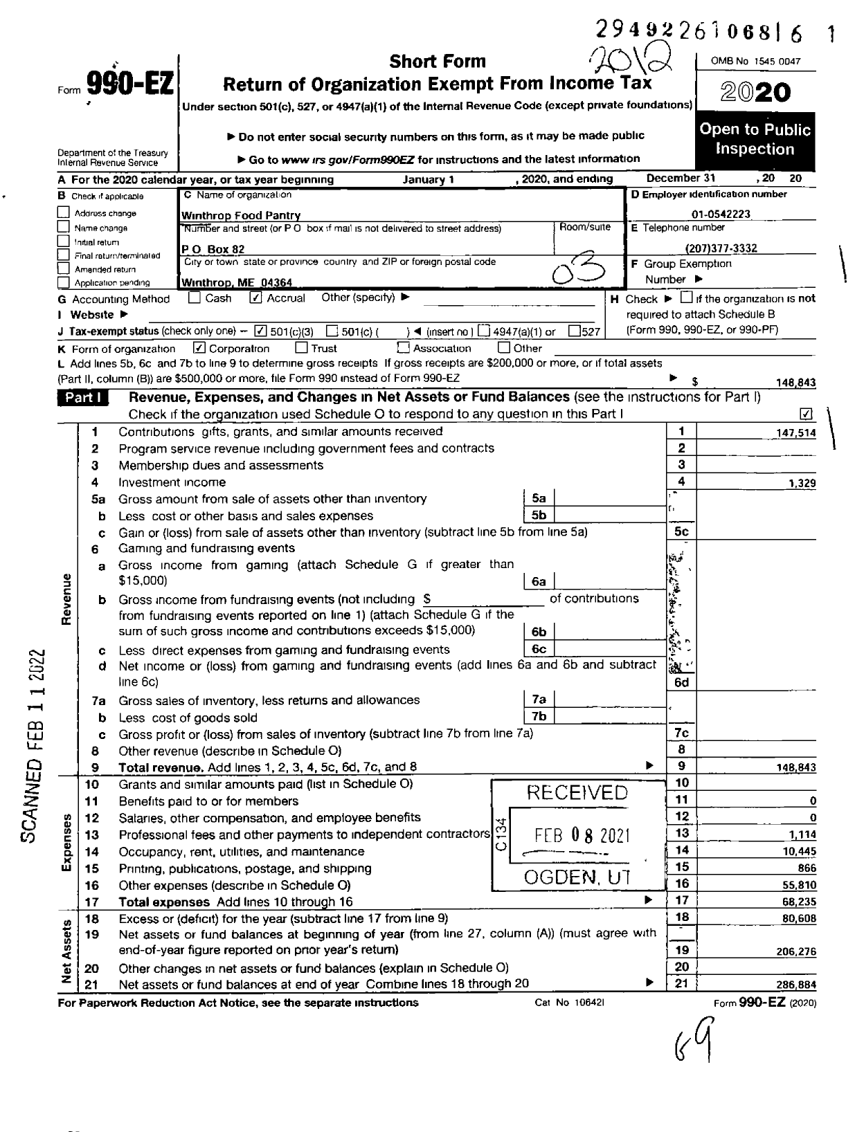 Image of first page of 2020 Form 990EZ for Winthrop Food Pantry