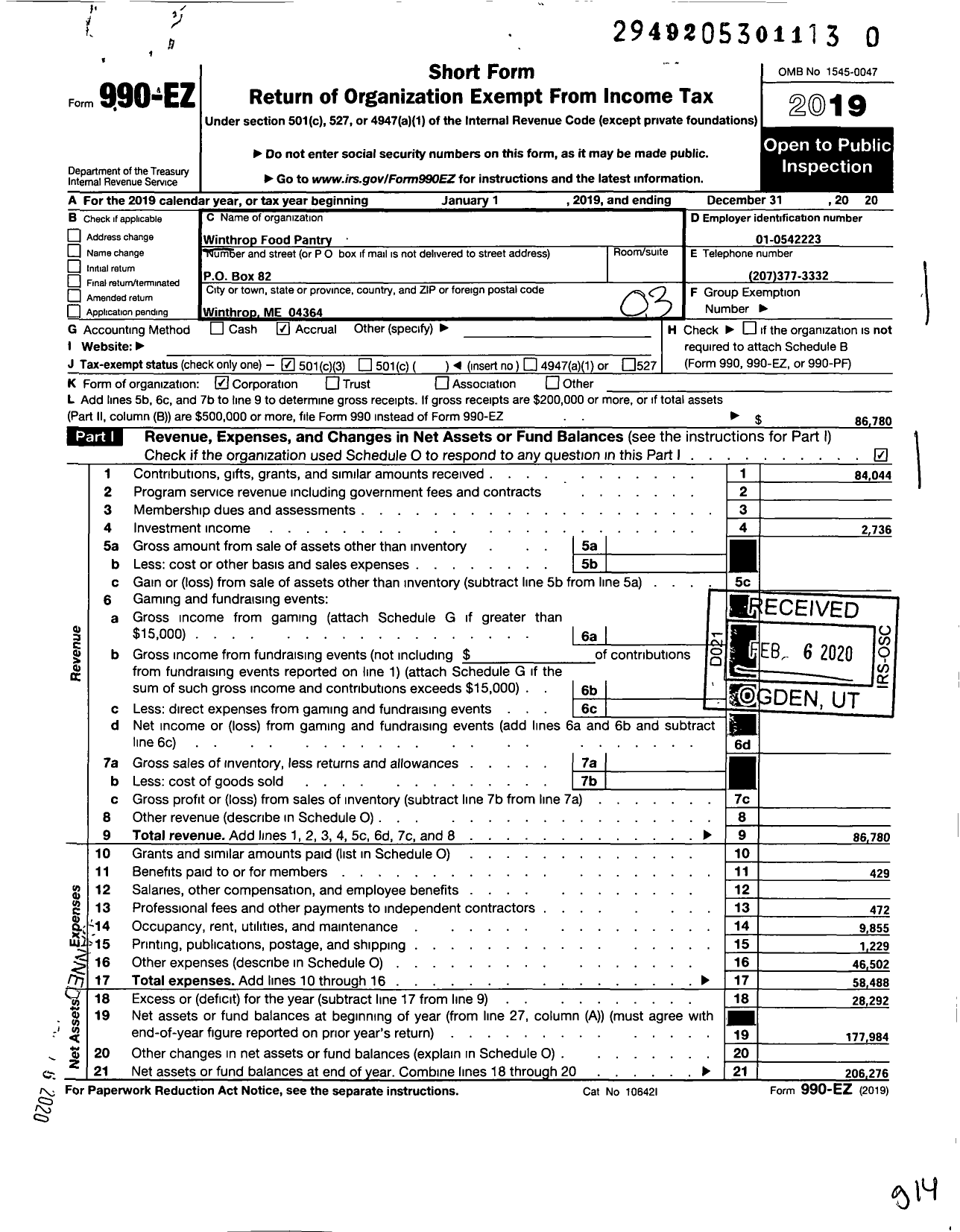 Image of first page of 2019 Form 990EZ for Winthrop Food Pantry