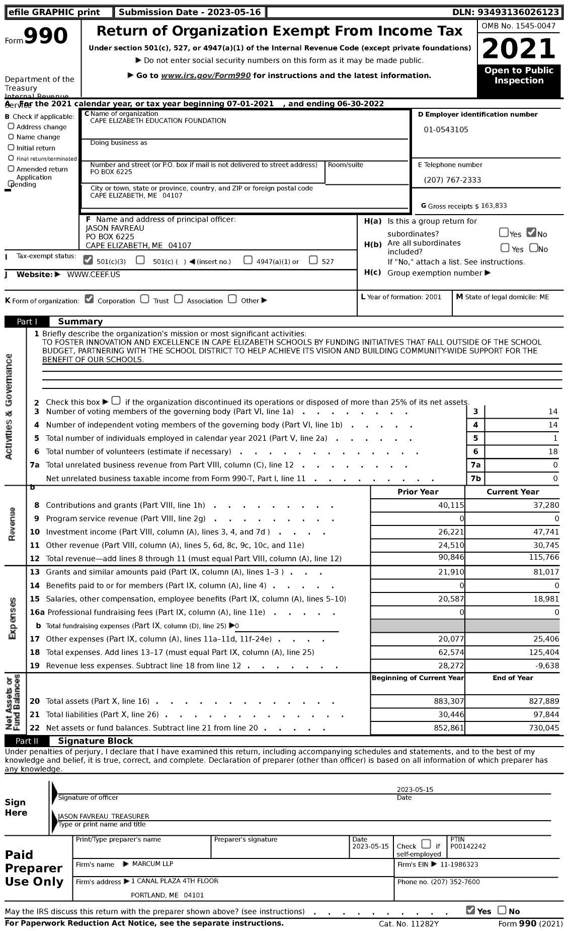 Image of first page of 2021 Form 990 for Cape Elizabeth Education Foundation