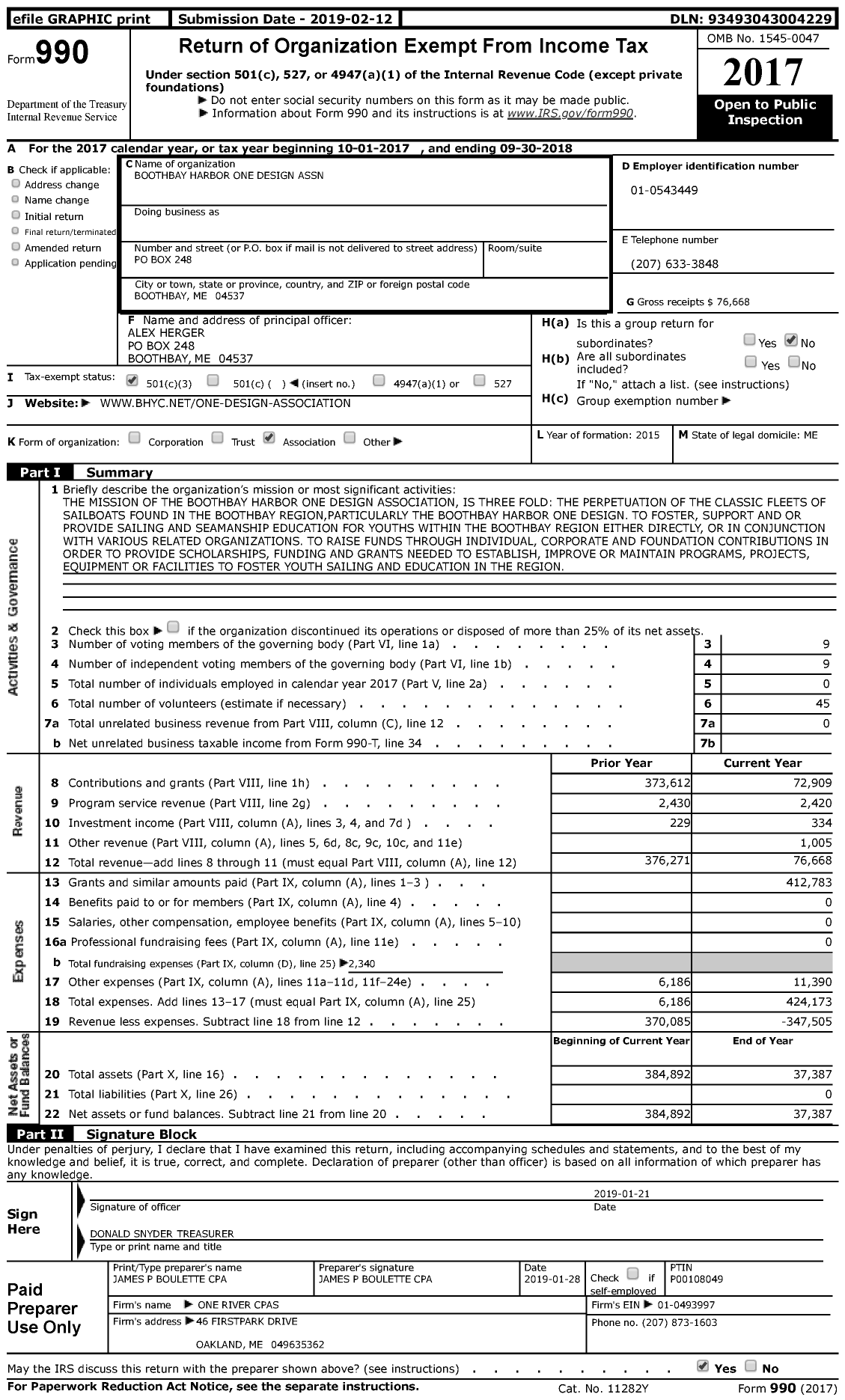 Image of first page of 2017 Form 990 for Boothbay Harbor One Design Association