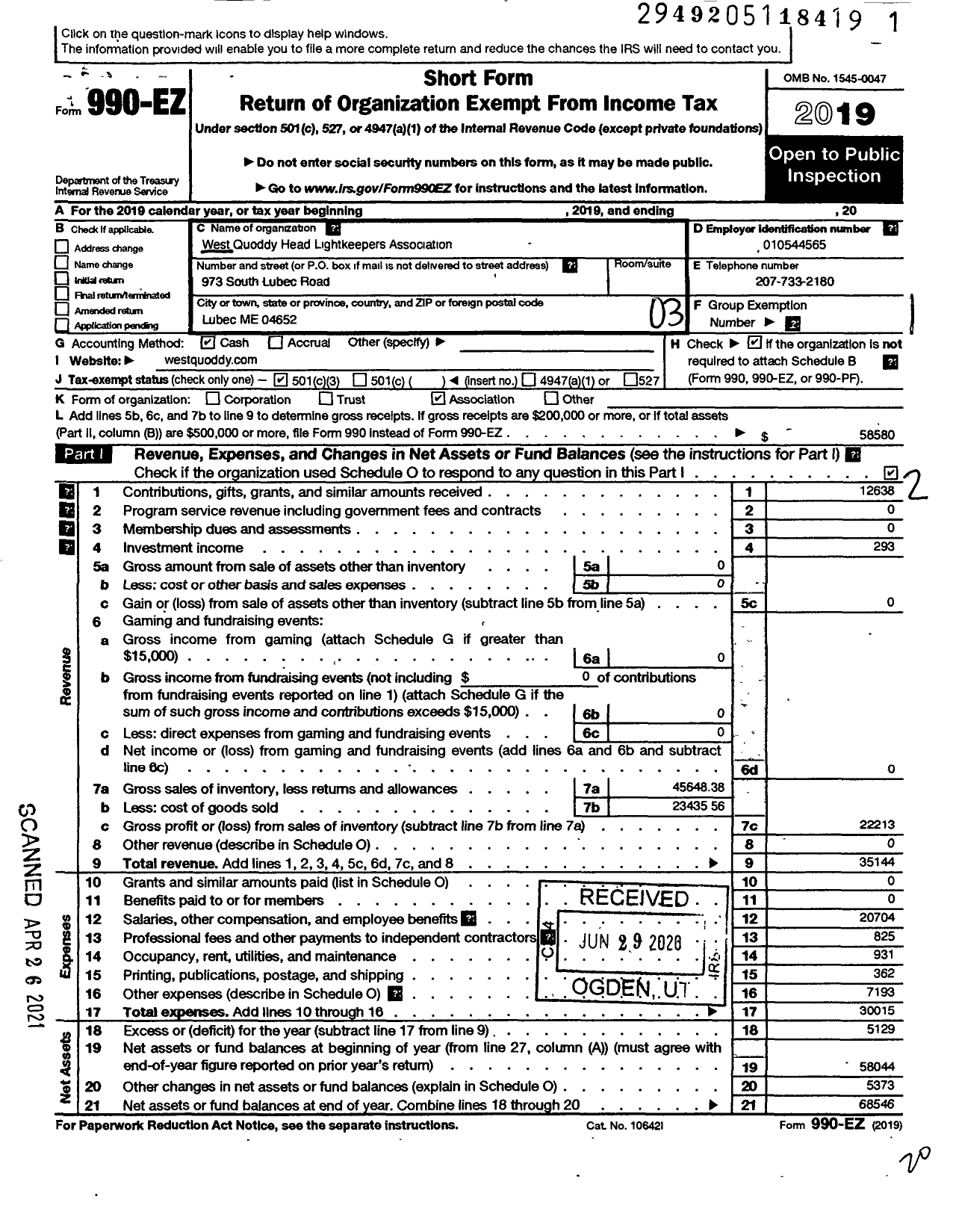 Image of first page of 2019 Form 990EZ for West Quoddy Head Light Keepers Association