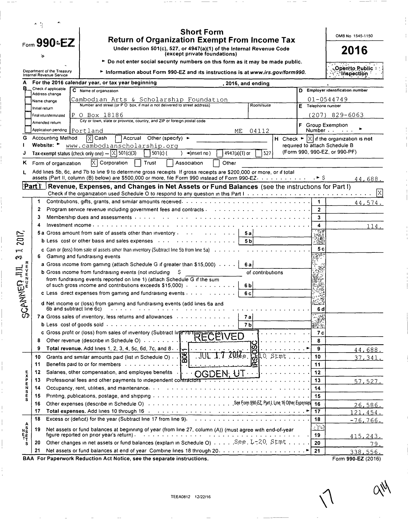 Image of first page of 2016 Form 990EZ for Cambodian Arts & Scholarship Foundation