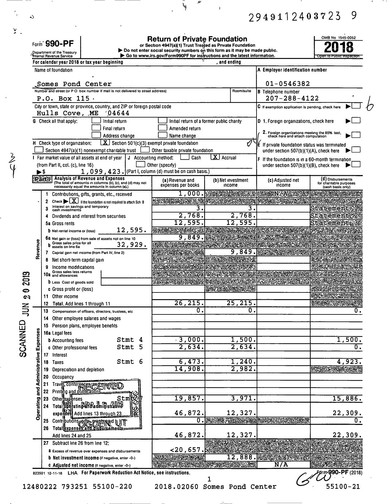 Image of first page of 2018 Form 990PF for Somes Pond Center