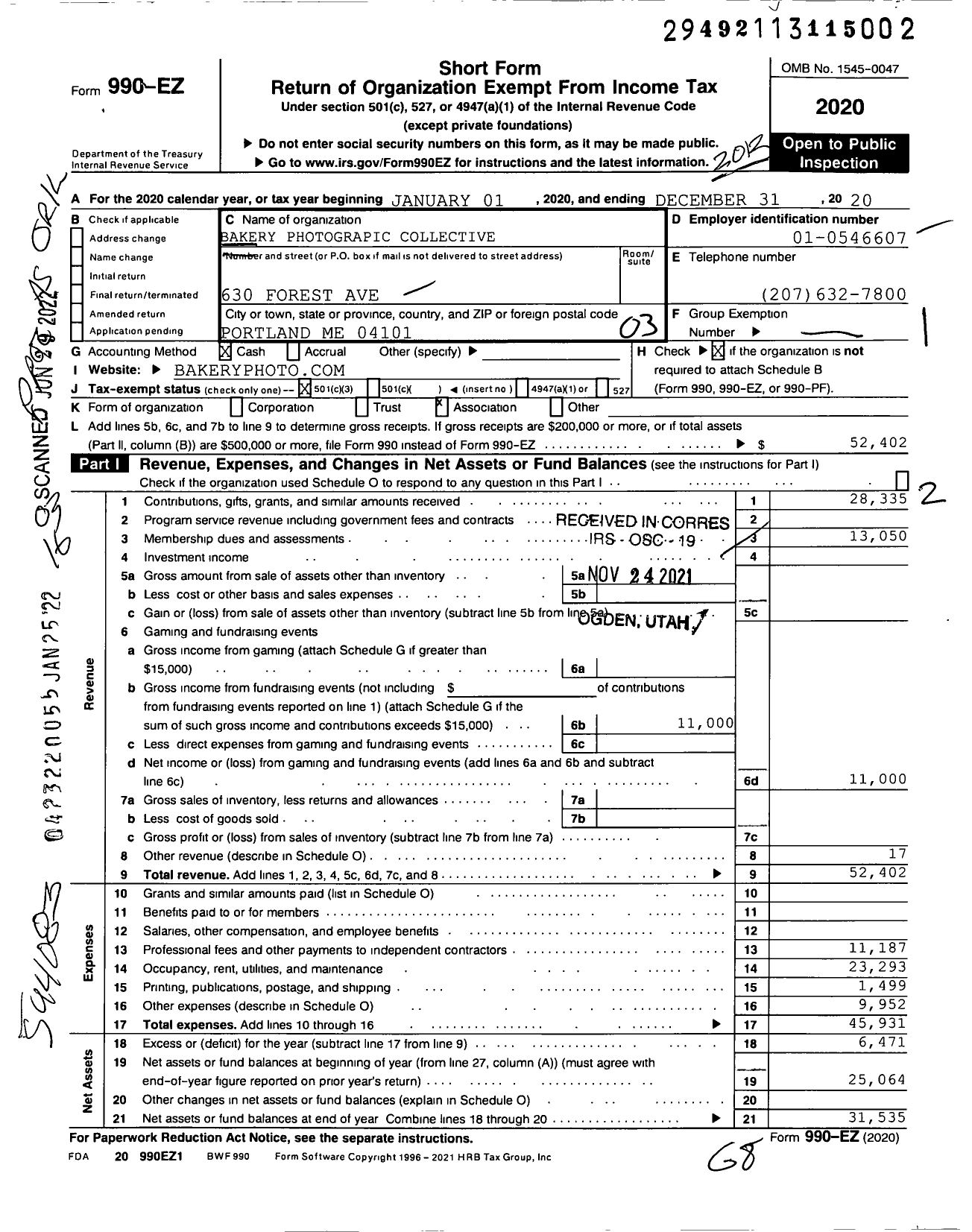 Image of first page of 2020 Form 990EZ for Bakery Photograpic Collective