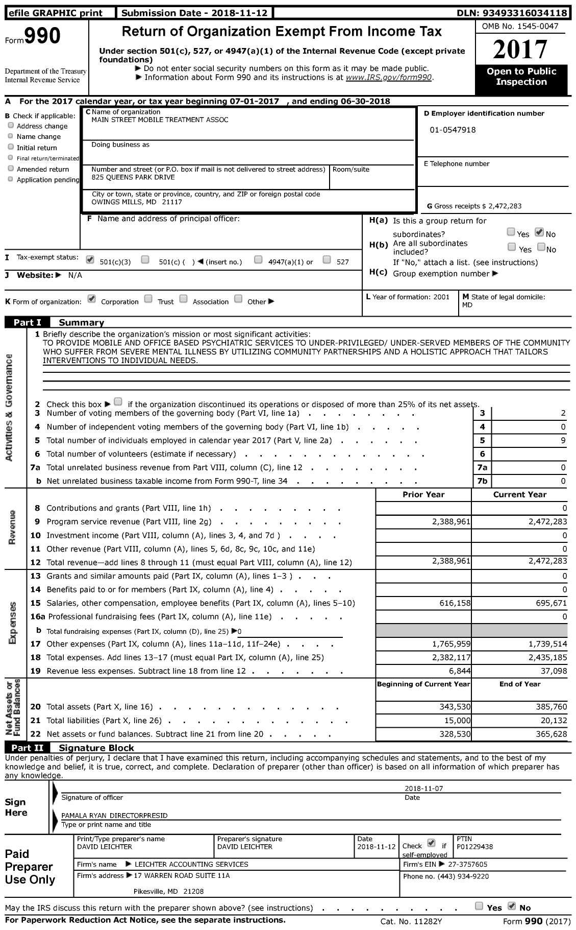 Image of first page of 2017 Form 990 for Main Street Mobile Treatment Association