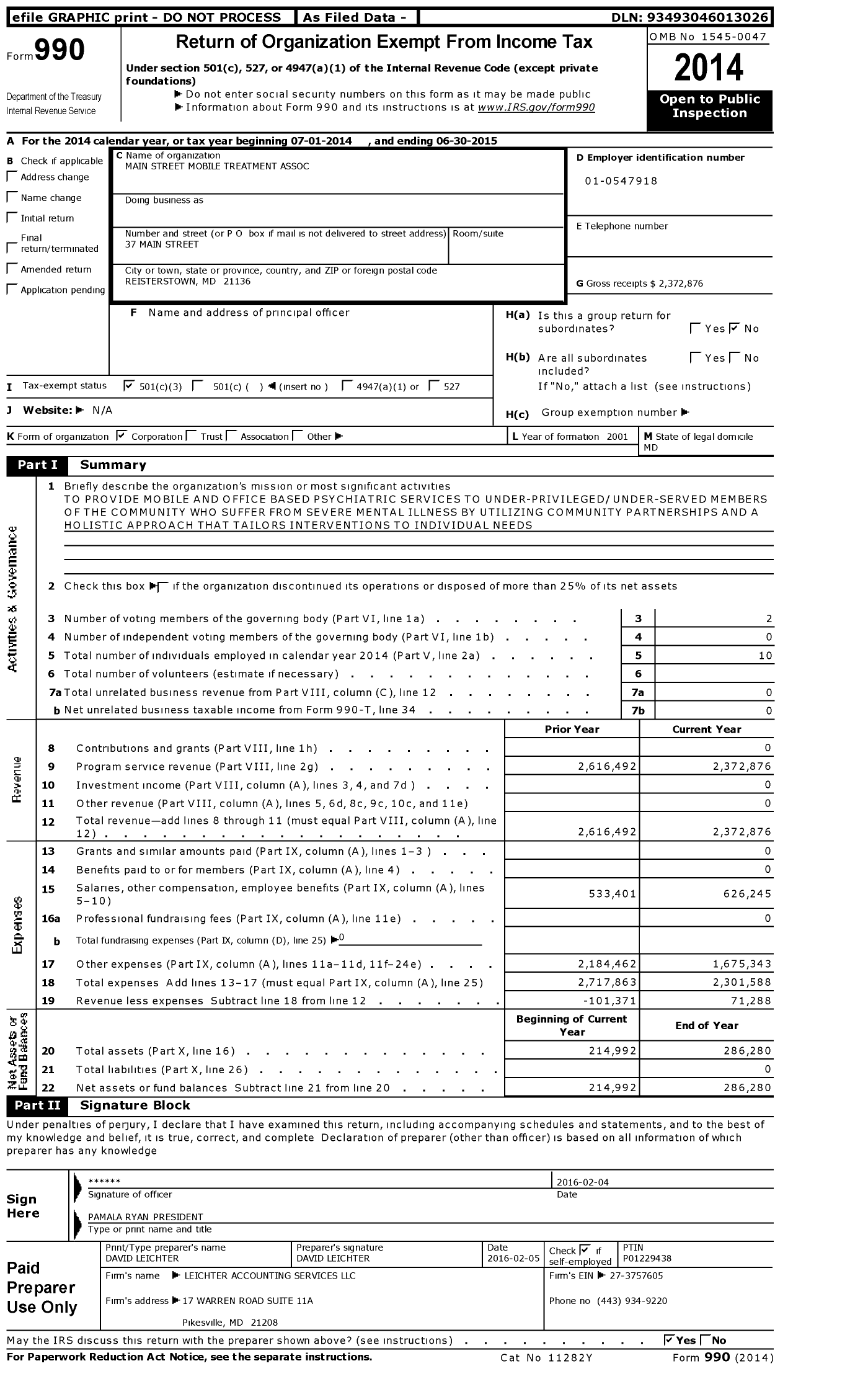 Image of first page of 2014 Form 990 for Main Street Mobile Treatment Association