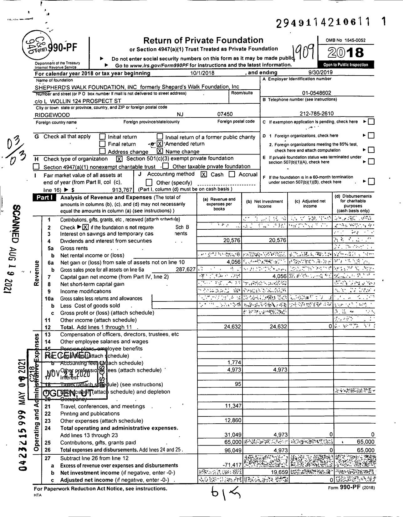 Image of first page of 2018 Form 990PF for Shepherd's Walk Foundation