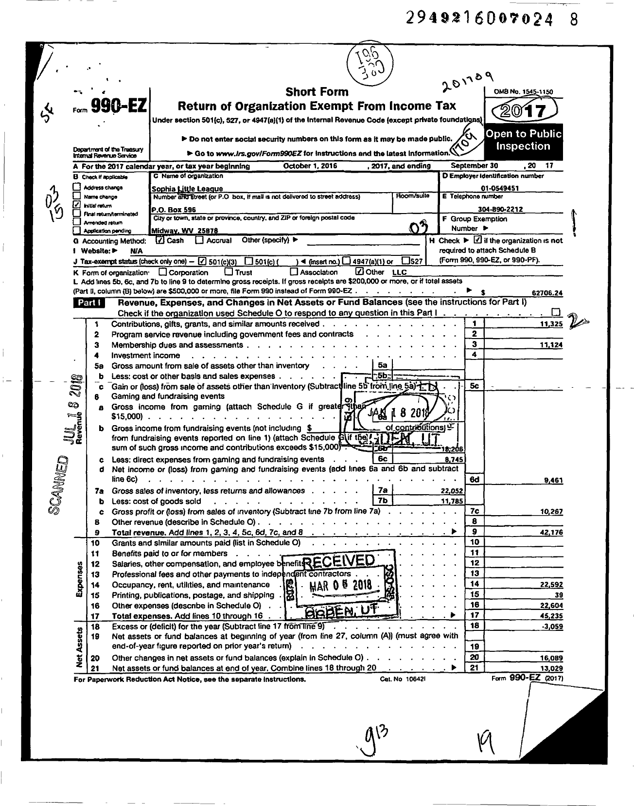 Image of first page of 2016 Form 990EZ for Little League Baseball - 3480414 Sophia LL