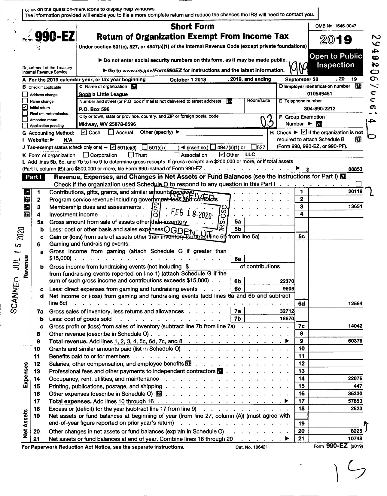 Image of first page of 2018 Form 990EZ for Little League Baseball - 3480414 Sophia LL