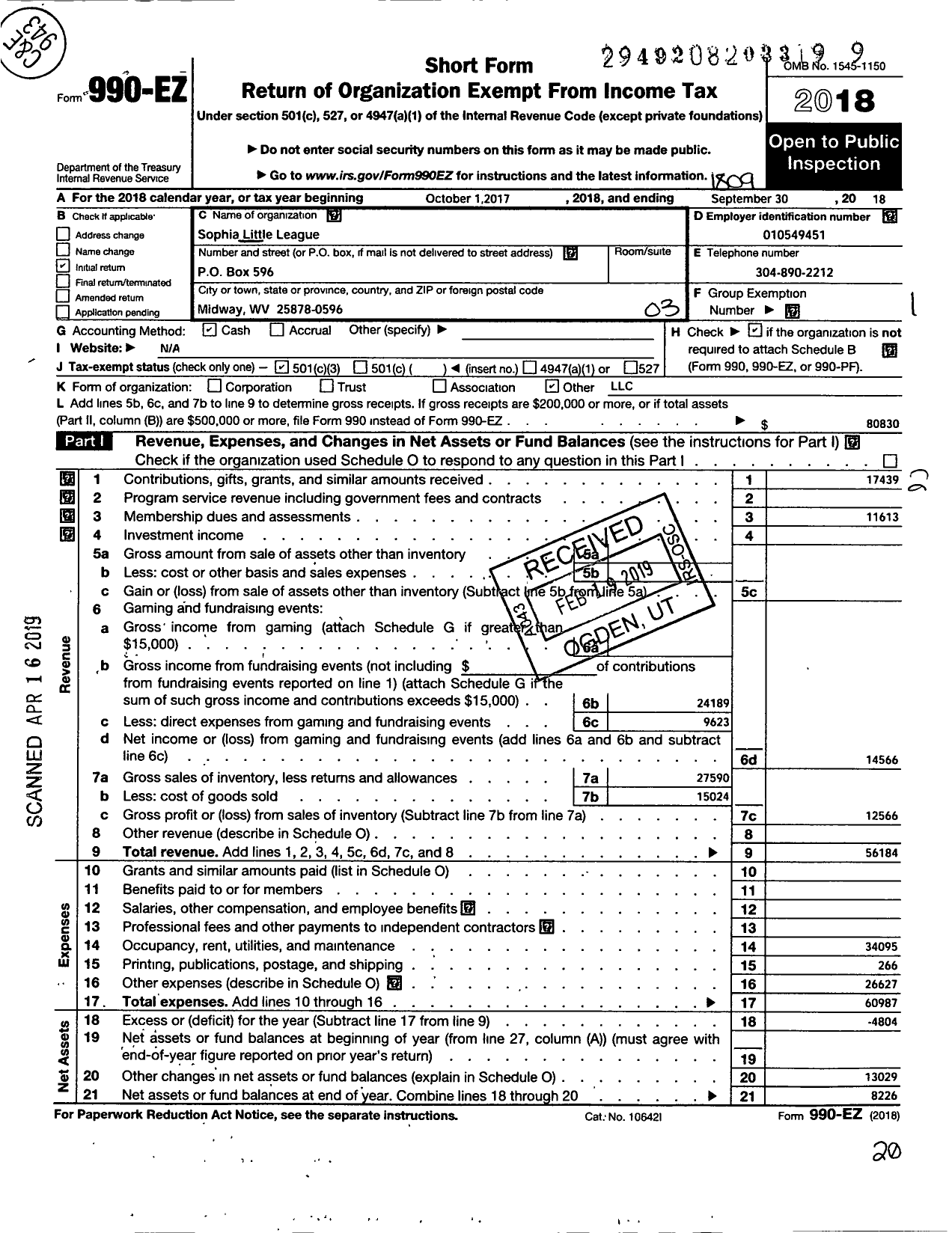 Image of first page of 2017 Form 990EZ for Little League Baseball - 3480414 Sophia LL