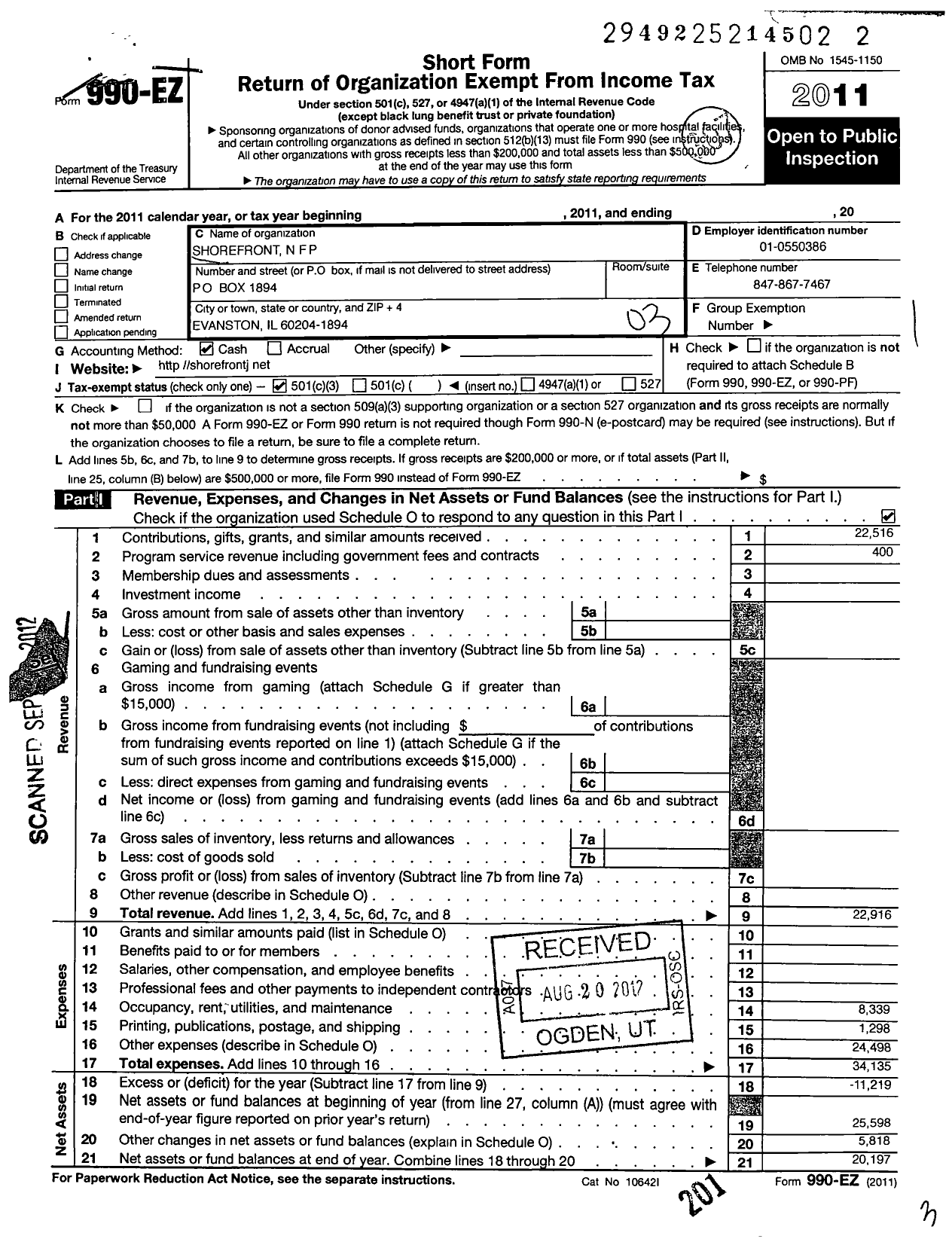 Image of first page of 2011 Form 990ER for Shorefront NFP