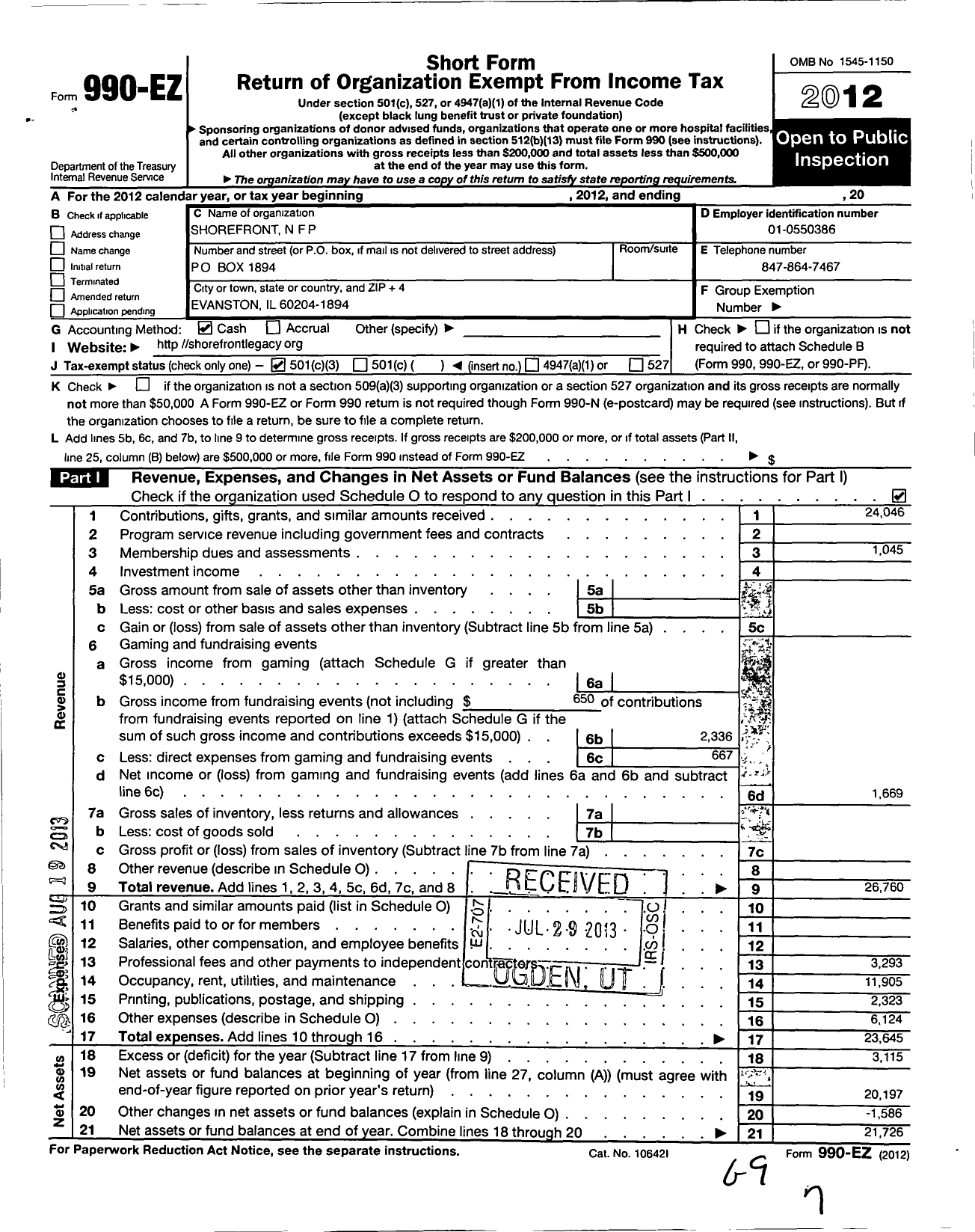 Image of first page of 2012 Form 990EZ for Shorefront NFP