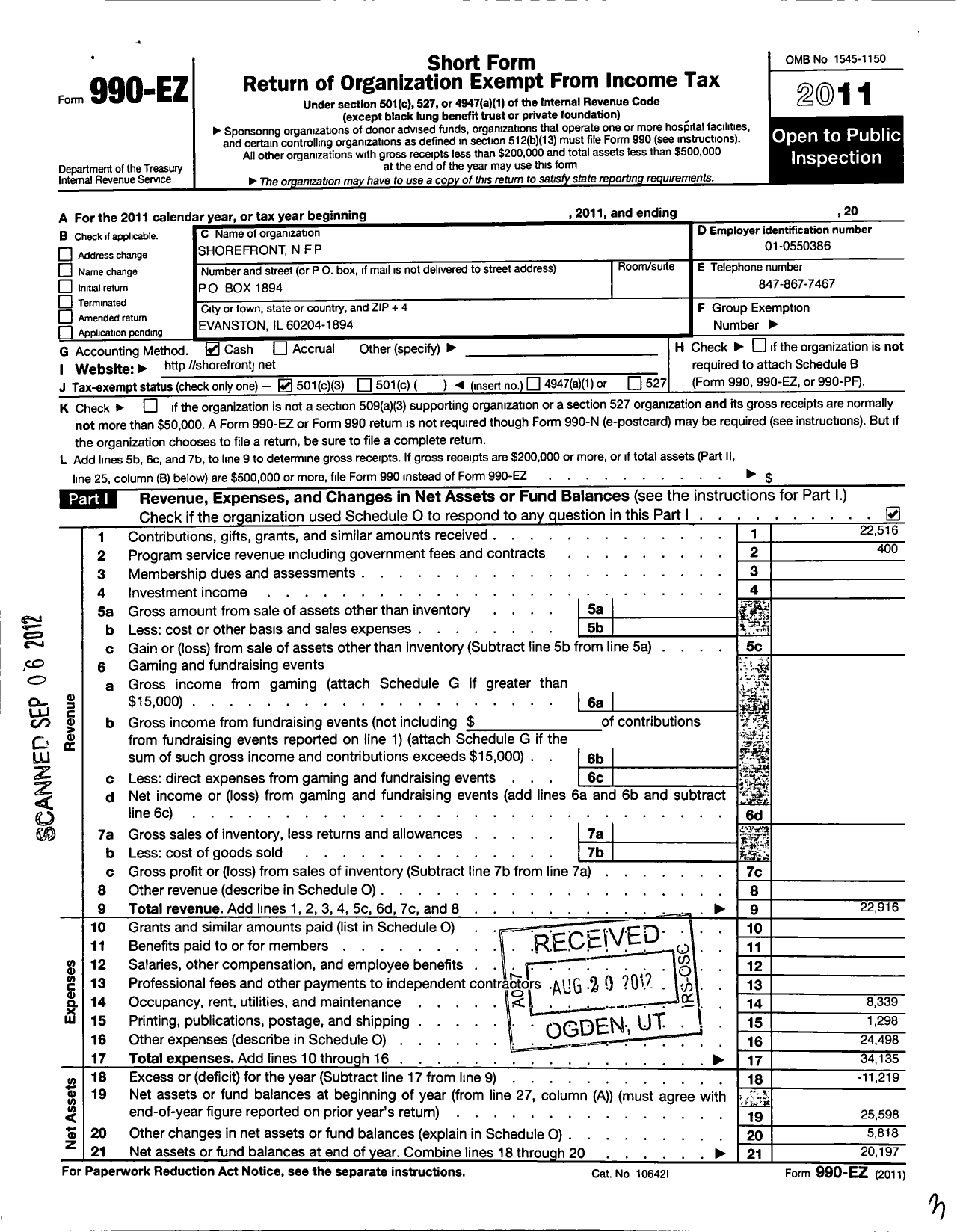 Image of first page of 2011 Form 990EZ for Shorefront NFP