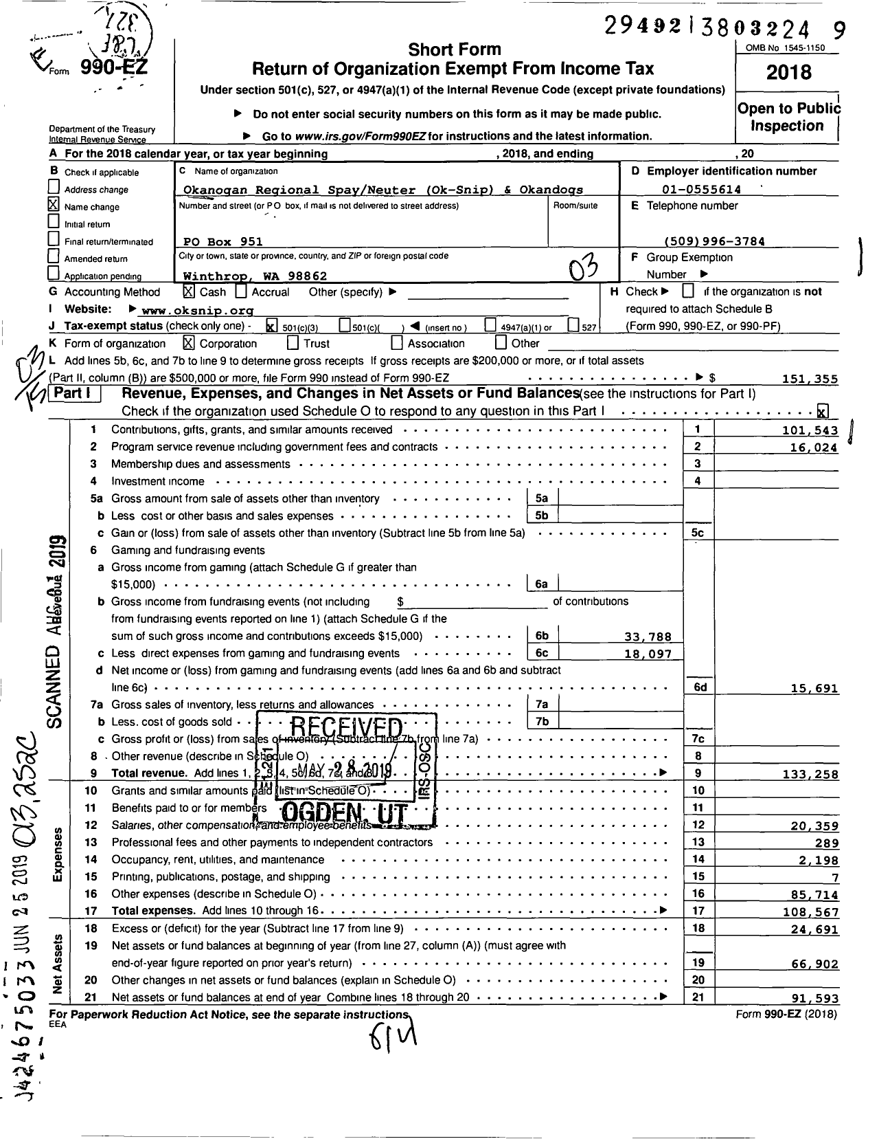 Image of first page of 2018 Form 990EZ for Okanogan Regional Humane