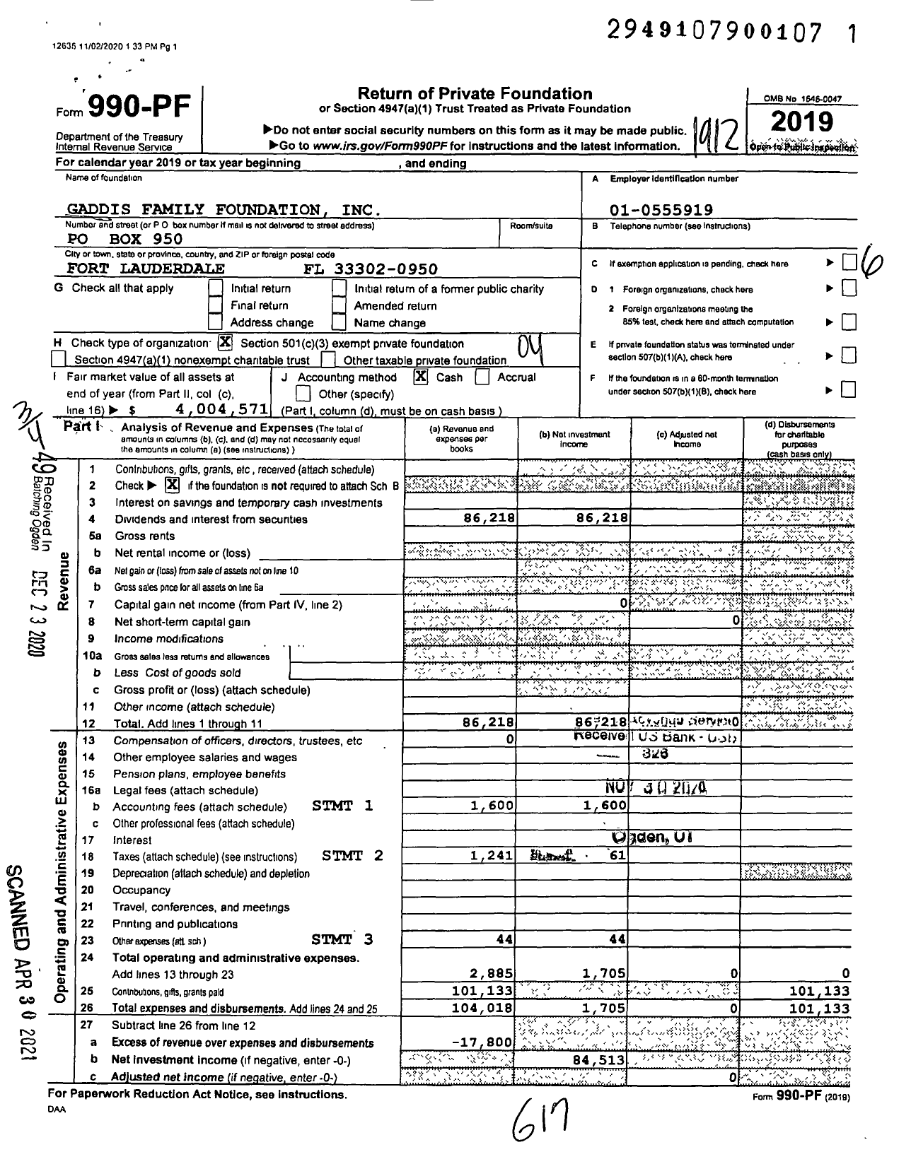 Image of first page of 2019 Form 990PF for Gaddis Family Foundation