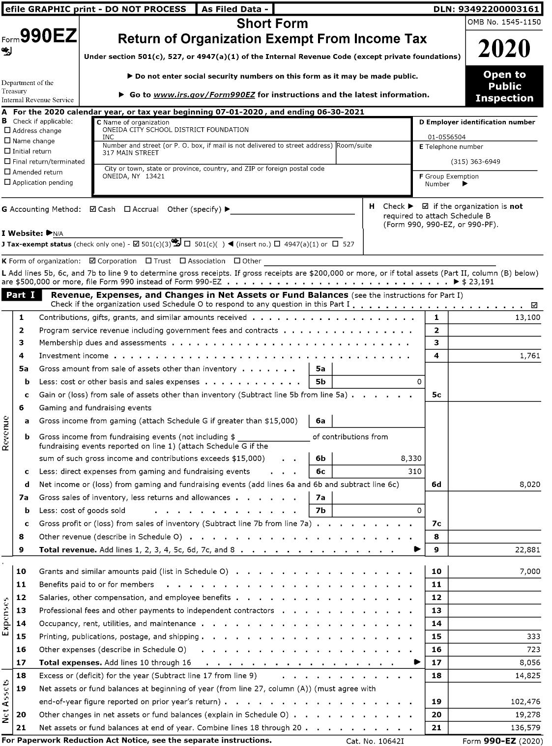 Image of first page of 2020 Form 990EZ for Oneida City School District Foundation