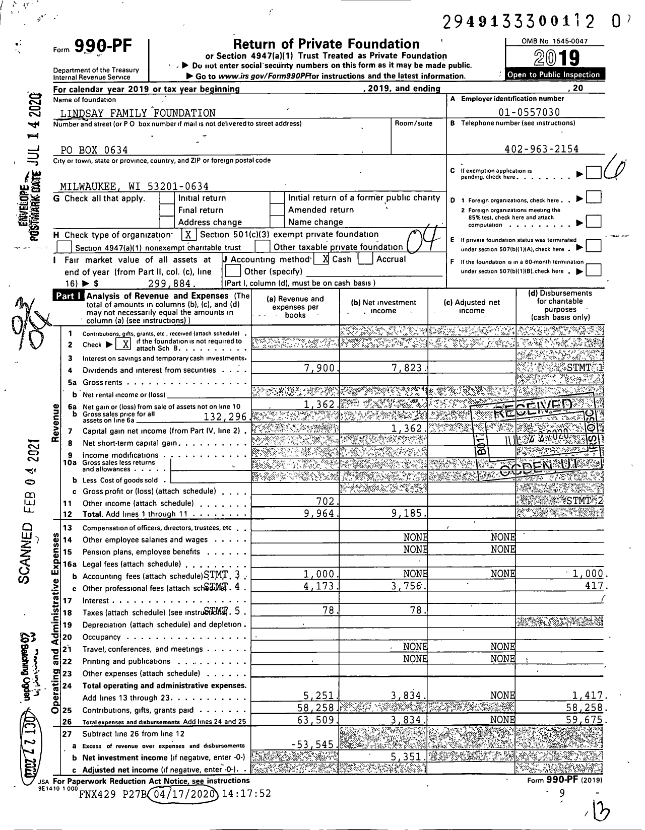 Image of first page of 2019 Form 990PF for Lindsay Family Foundation / Lindsay Jean M Ttee