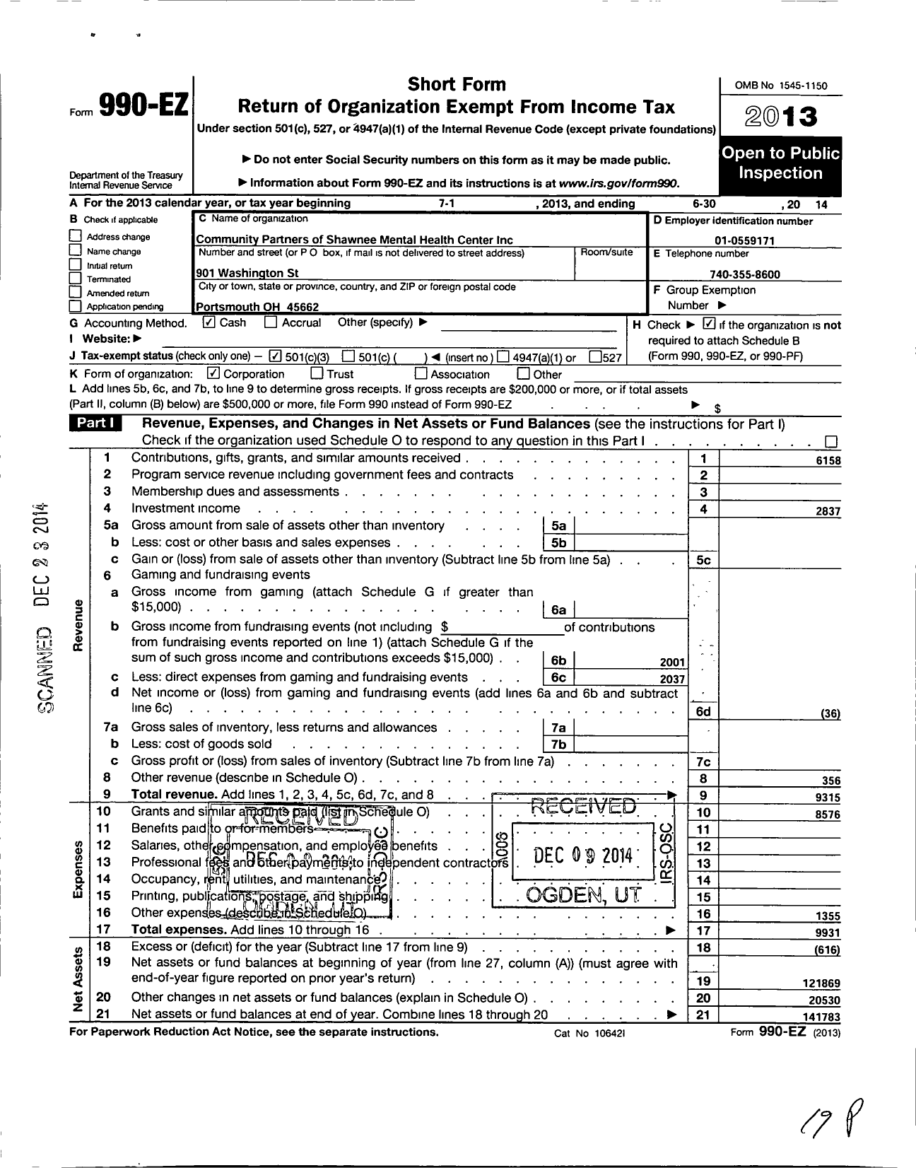 Image of first page of 2013 Form 990EZ for Community Partners of Shawnee Mental Health Center